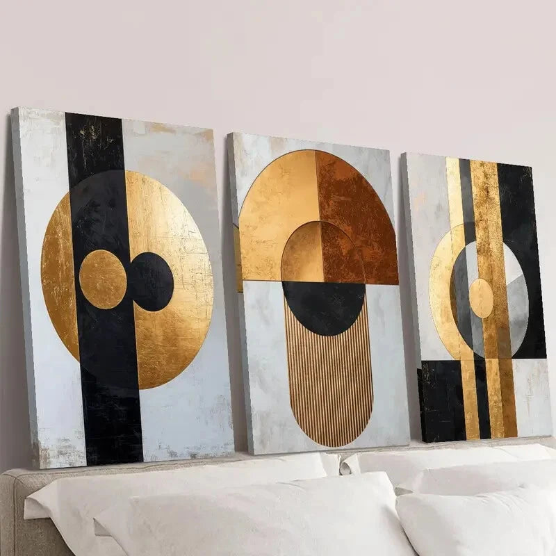 3-Piece Golden Black Geometric Abstract Wall Art Set - Framed Canvas 40x60cm - High Quality Print - 100% Australian Made - Ready to Hang - Perfect for Living Room, Bedroom & Office Decor