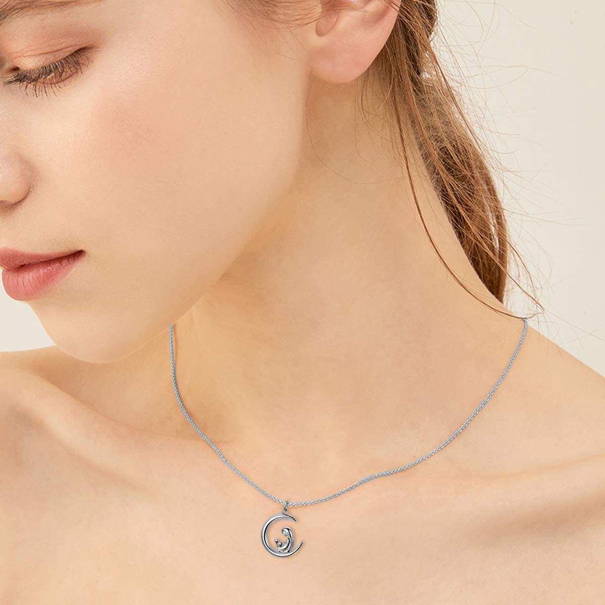 14K Gold Mother Necklace for Women - Elegant Dainty Gold Mother & Child Love Crescent Moon Pendant - 16
