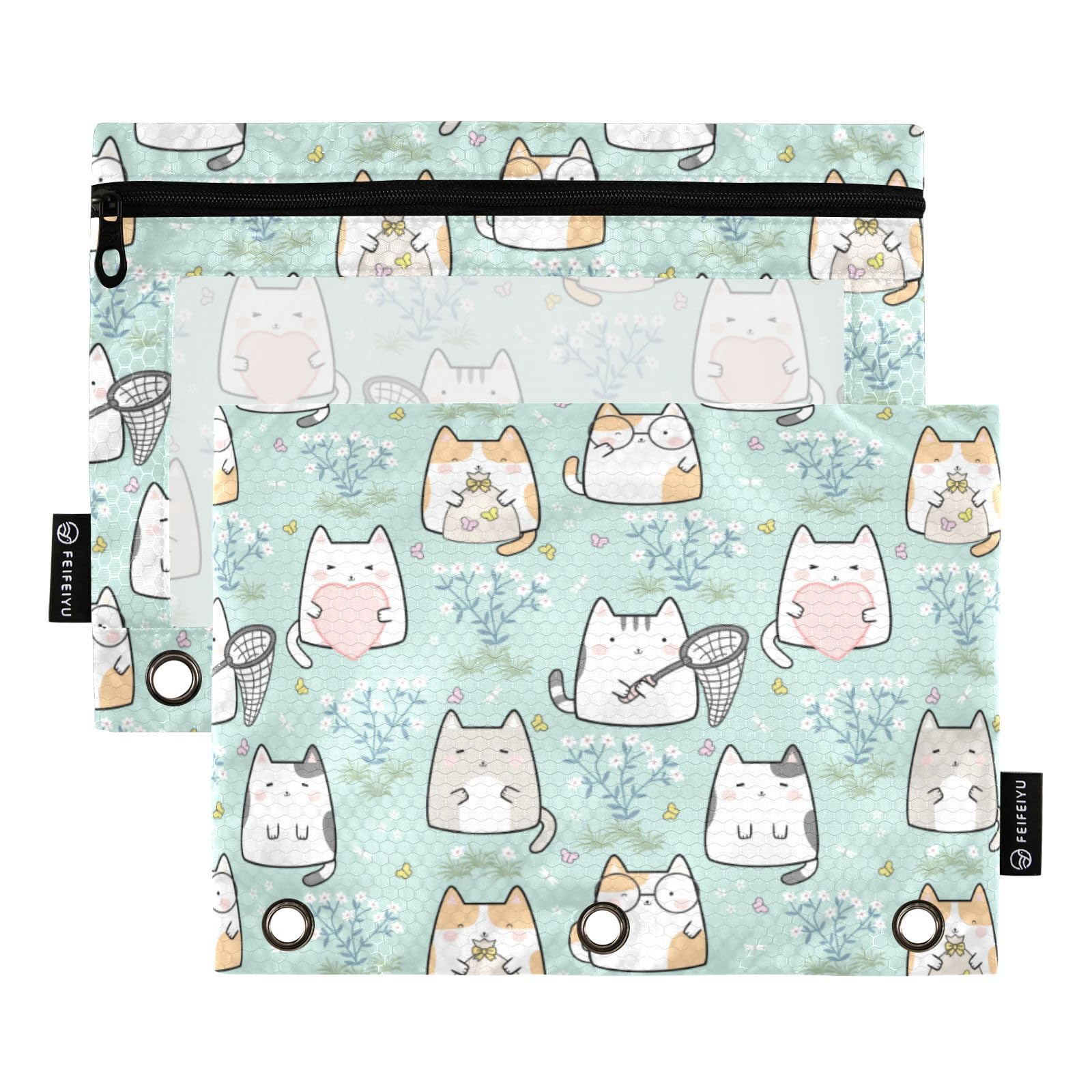 Kawaii Cute Cat Pencil Pouch for 3 Ring Binder - Clear Window Zipper Pencil Case for School & Office Supplies (2 Pack) - Perfect for Organizing Pens, Markers & Stationery in Binders