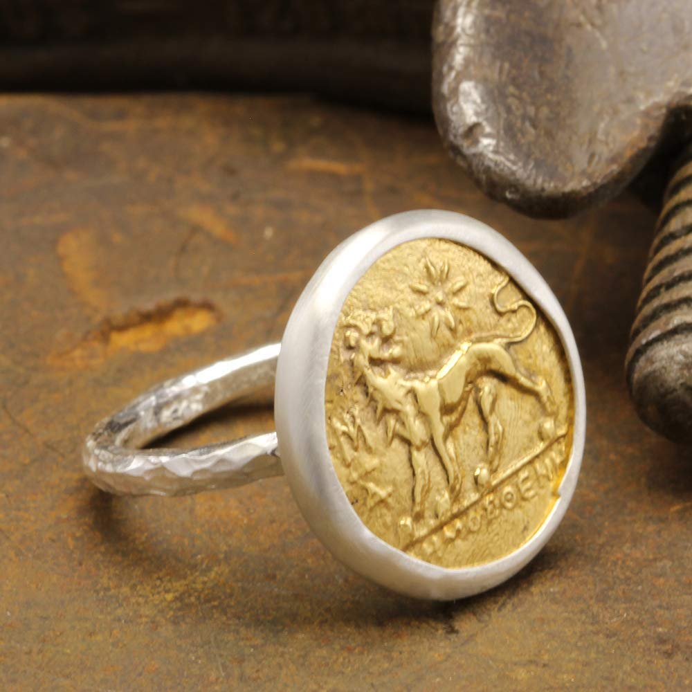 Caprixus 925 Sterling Silver Lion Coin Signet Ring for Women - 24K Gold Vermeil Two Tone Handmade Hammered Pinky Ring - Turkish Fine Jewelry for Everyday Wear & Special Occasions