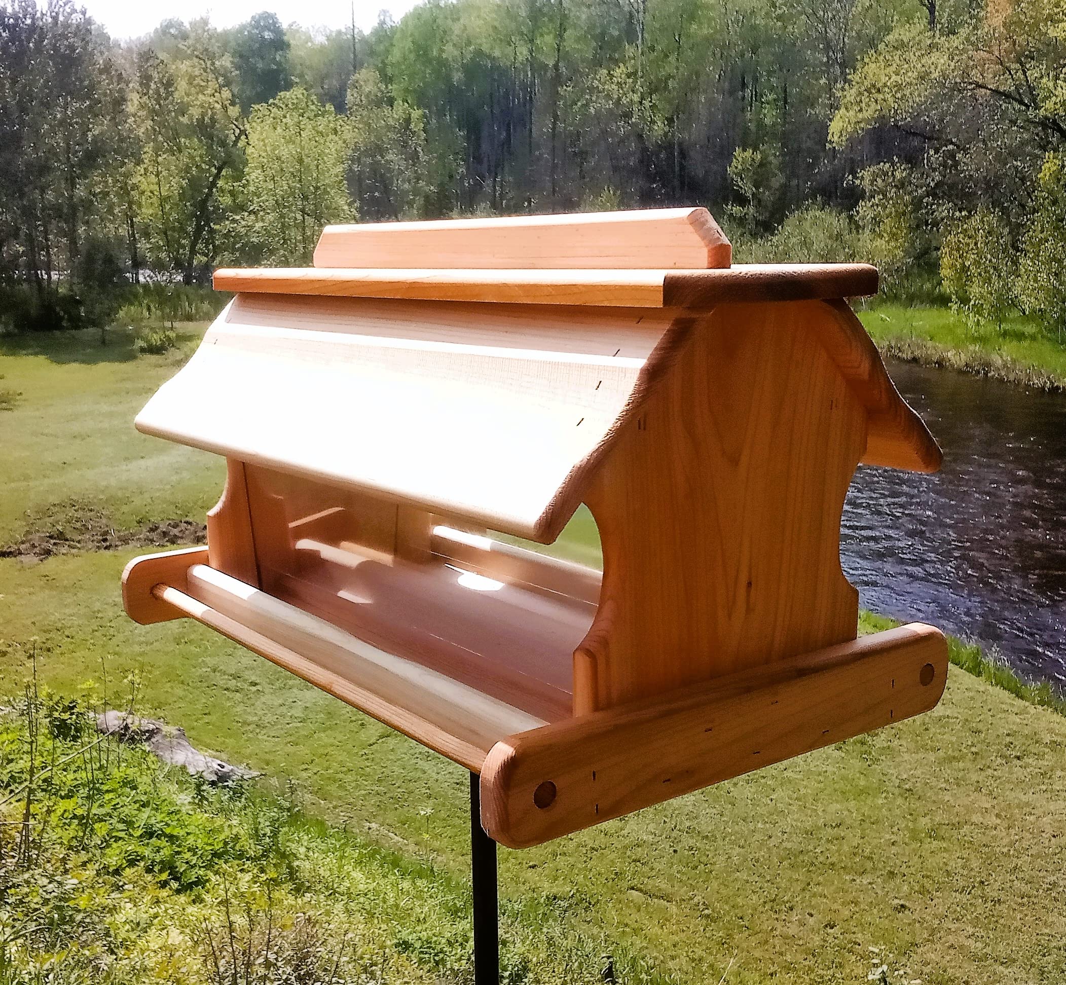24 Inch Cedar Wood Post Mount Bird Feeder - Durable Outdoor Bird Feeder for Garden, Yard & Patio - Attracts Cardinals, Finches & Wild Birds - Weather Resistant & Easy to Fill
