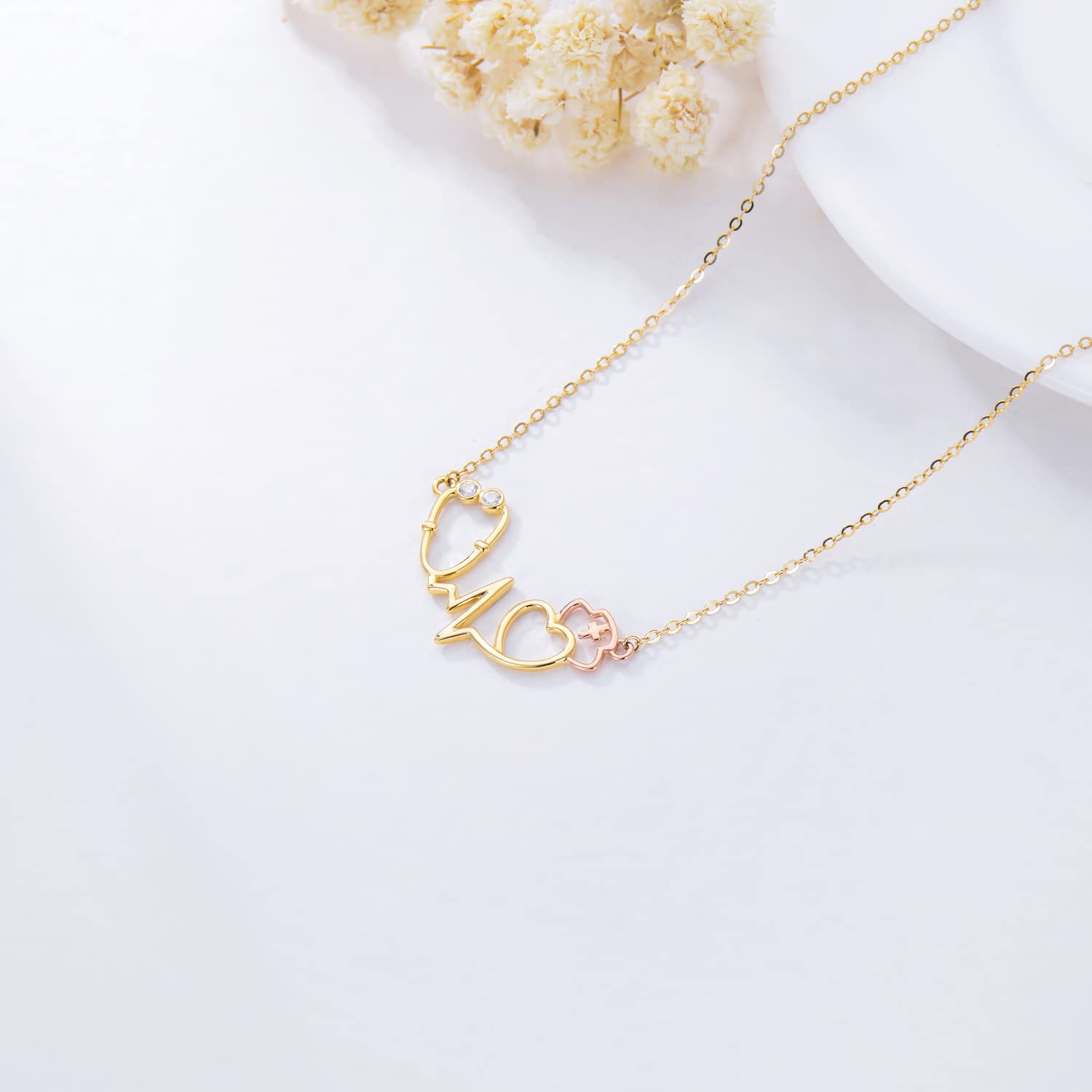 14K Real Gold Stethoscope Pendant Necklace for Women - Nurse Doctor Jewelry Gift for Medical Students & RN Nurses (16+1+1 inch) - Perfect for Graduation, Appreciation Gifts & Medical Professionals' Daily Wear
