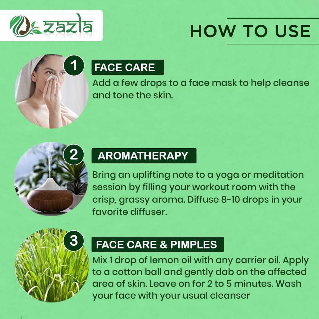 Zazla 100% Pure Lemongrass Essential Oil - Undiluted Therapeutic Grade for Hair Growth, Skin Moisturizing, Aromatherapy & Diffuser Use - 12ml (Pack of 1) | Perfect for Spa, Massage, Relaxation & Home Fragrance
