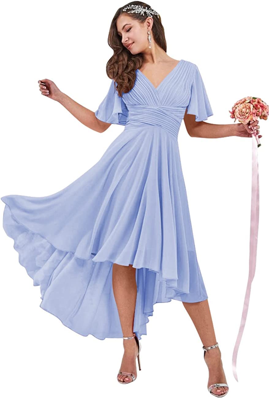 DDIFLYCR Women's V-Neck High-Low Chiffon Bridesmaid Dress with Flutter Sleeves - Elegant Prom Party Gown & Wedding Guest Dress for Formal Events, Evening Parties & Special Occasions