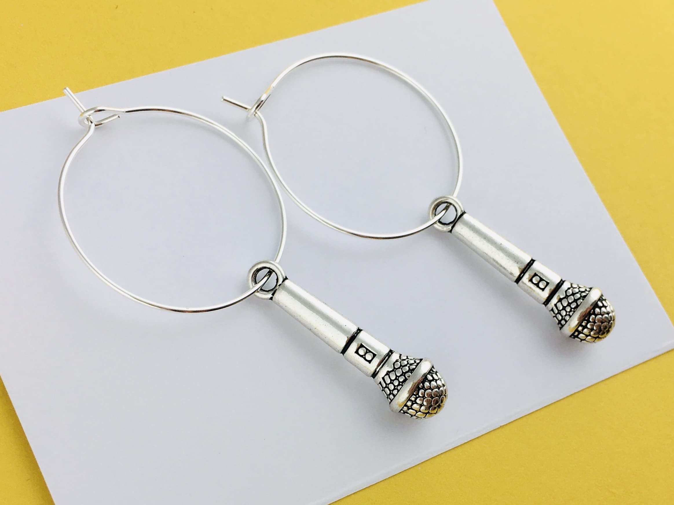 Silver Plated Microphone Hoop Earrings - Music Note Jewelry for Pianist Teacher Singer | Perfect Musician Gift for Performances, Concerts & Music Lovers