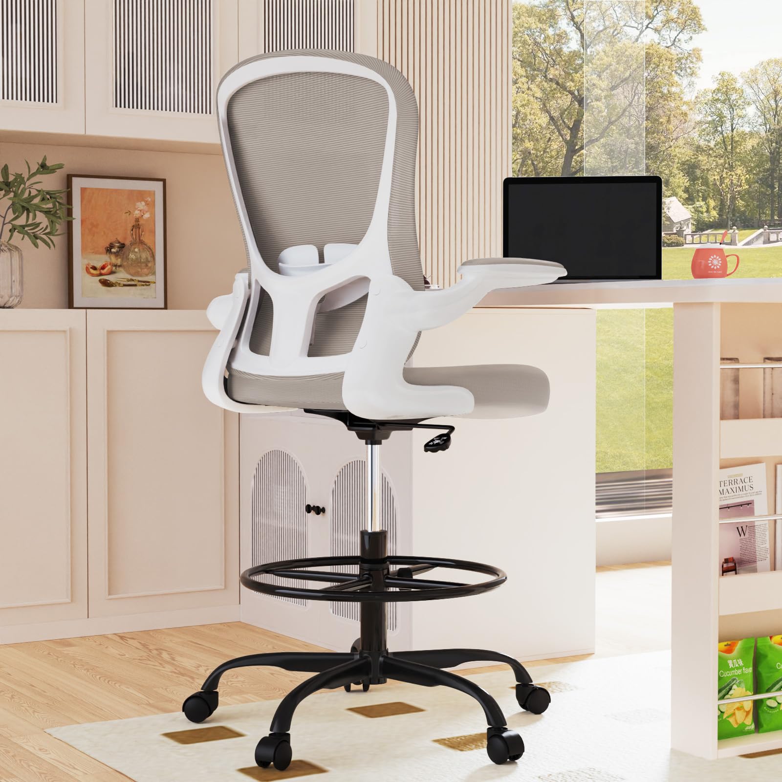 Ergonomic Drafting Chair with Flip-Up Armrests & Adjustable Footrest - Tall Office Chair for Standing Desks - Executive Computer Chair with Lumbar Support - Perfect for Architects, Designers & Home Office Workspaces