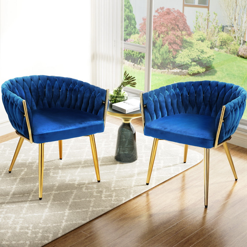 2 Pack Artiss Velvet Woven Dining Chairs - Blue Upholstered Armchairs for Kitchen, Dining Room & Home Decor