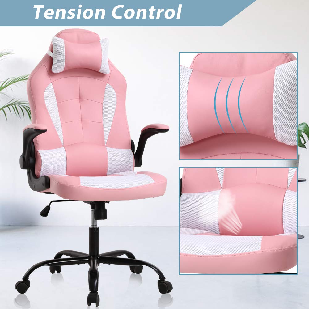 Premium Ergonomic Gaming Chair - High Back Office Chair with Adjustable Height, Flip-Up Arms & 360° Swivel - PU Leather Racing Style Computer Desk Chair for PC Gaming & Home Office (Pink) - Perfect for Long Gaming Sessions & Professional Workspaces
