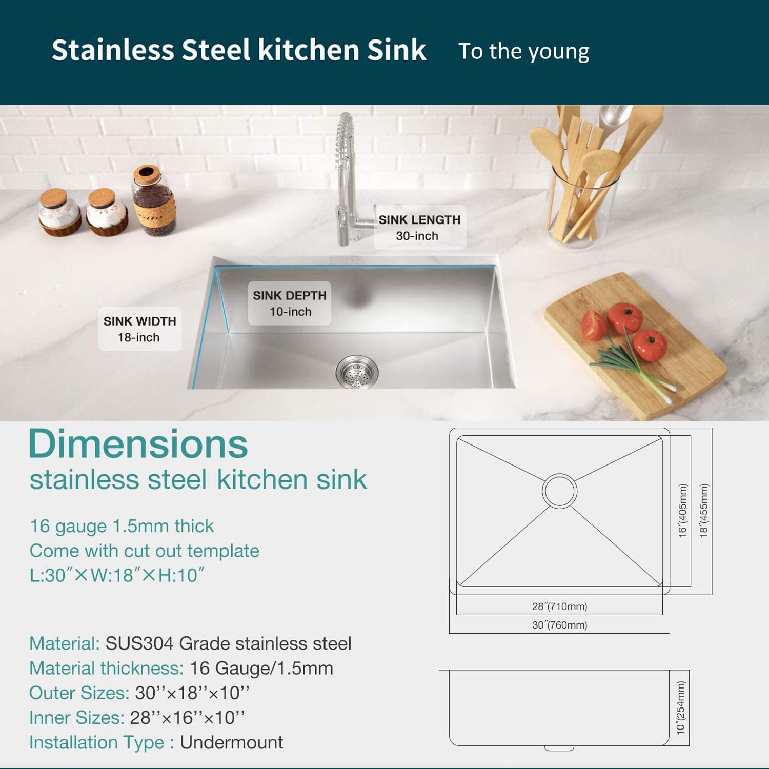TORVA 30-Inch Undermount Kitchen Sink - Premium 304 Stainless Steel Single Bowl Bar Sink with 10-Inch Deep Basin - Perfect for Restaurants, Bars, and Home Kitchens