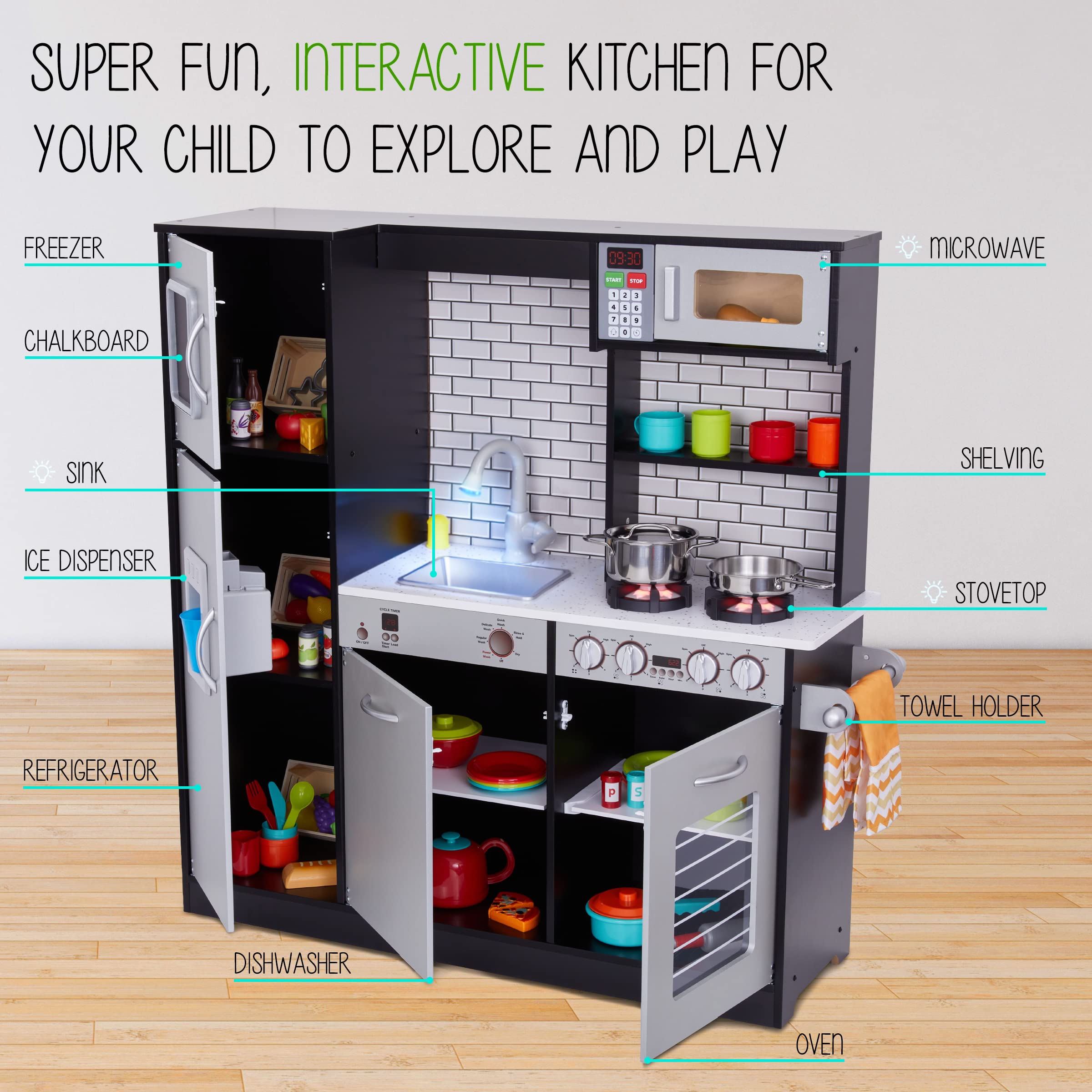 **Lil' Jumbl Kids Wooden Play Kitchen Set with Realistic Sounds & Lights - Battery Operated Icemaker, Burners, Faucet & Microwave - Includes Pots & Pans - Charcoal - Perfect for Pretend Play & Early Learning**