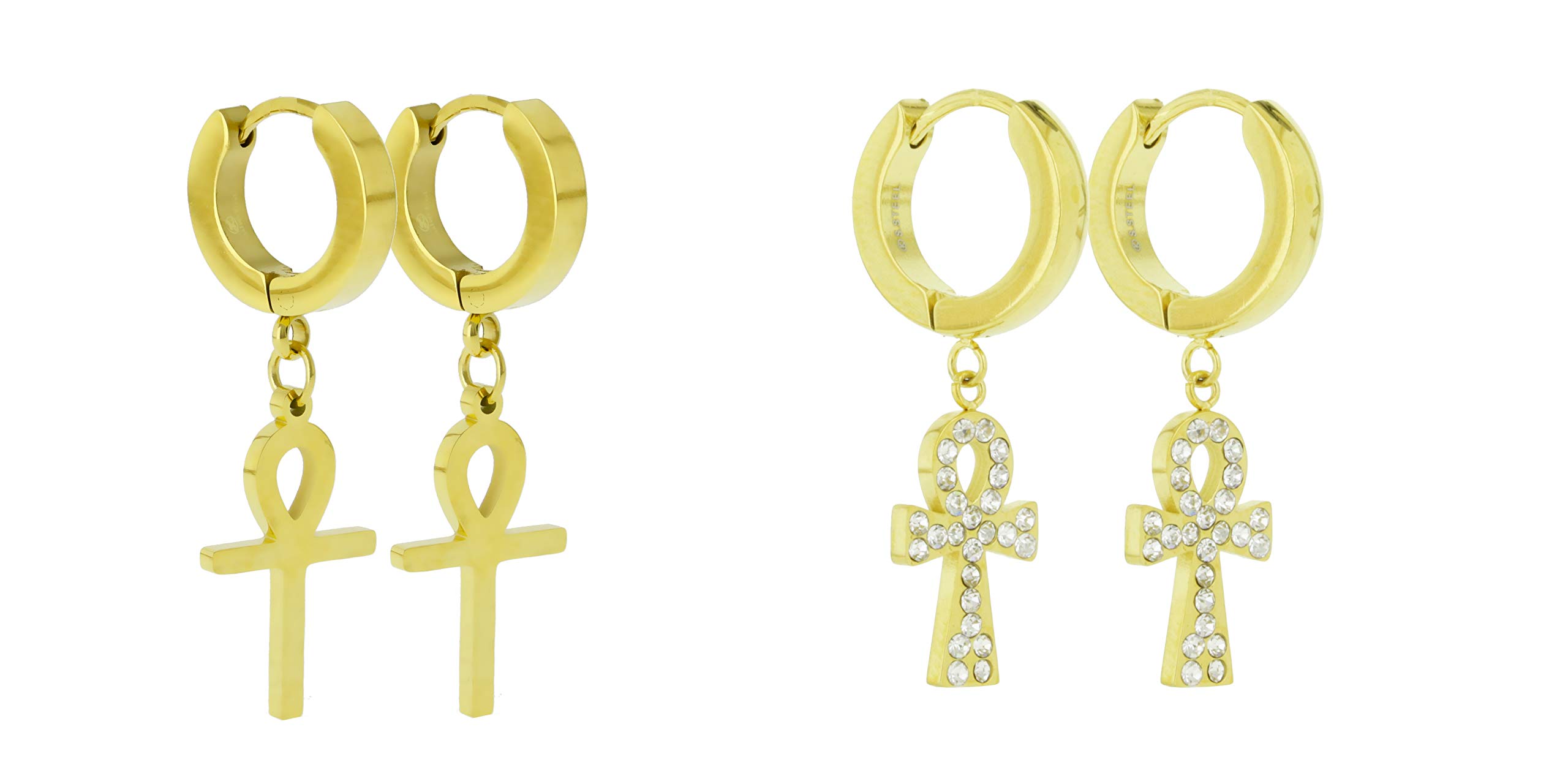 2 Pairs Unisex Stainless Steel CZ Egyptian ANKH Cross Dangle Hoop Earrings - Small Bling Drop Hinged Earrings (Silver/Gold/Black) for Everyday Wear, Gift Giving & Boho Fashion