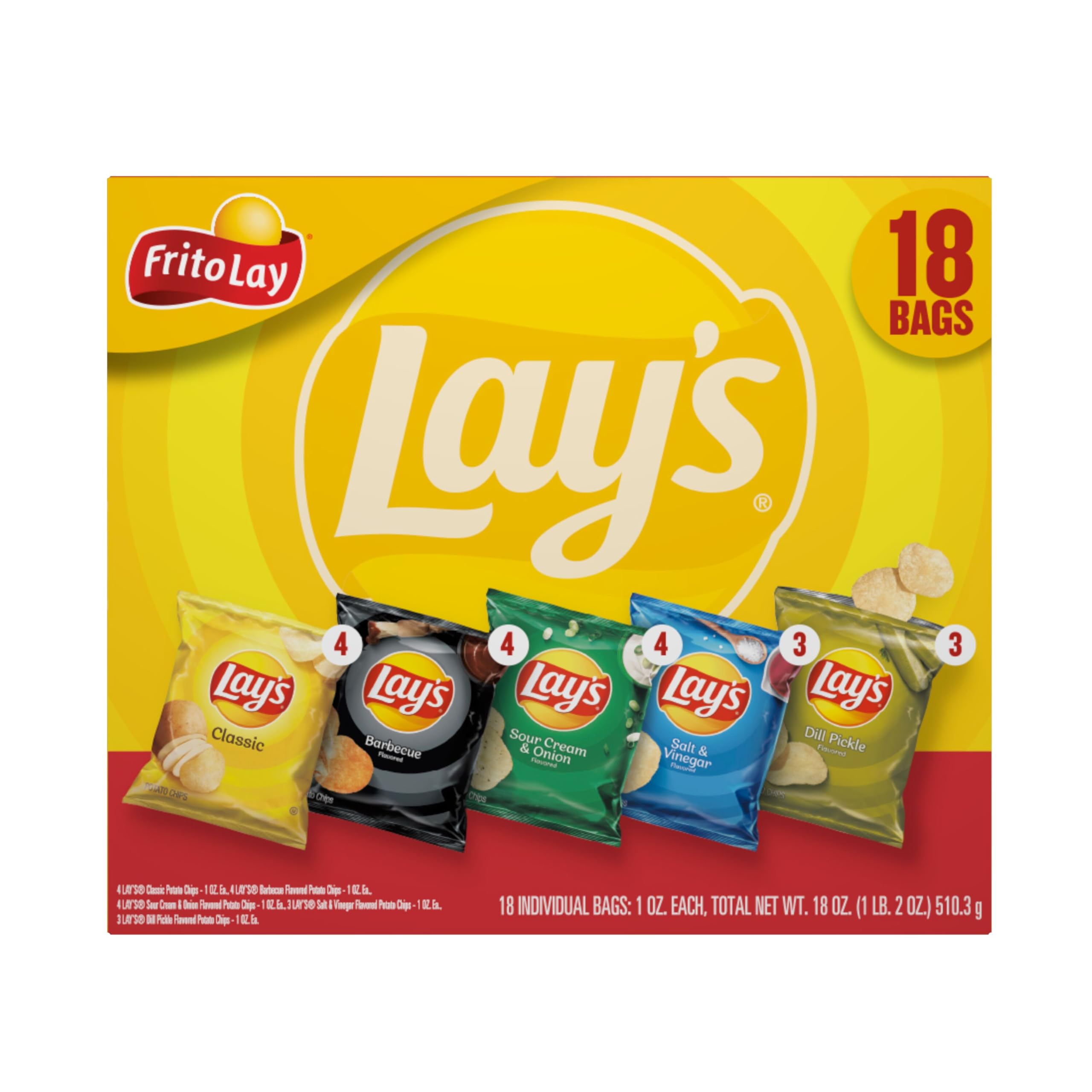**Lay's Potato Chips Variety Pack (18 Count) – 5 Flavor Assortment – 1 oz Single Serve Bags – Perfect for Lunchboxes, Parties & On-the-Go Snacking – Frito Lay Snacks**