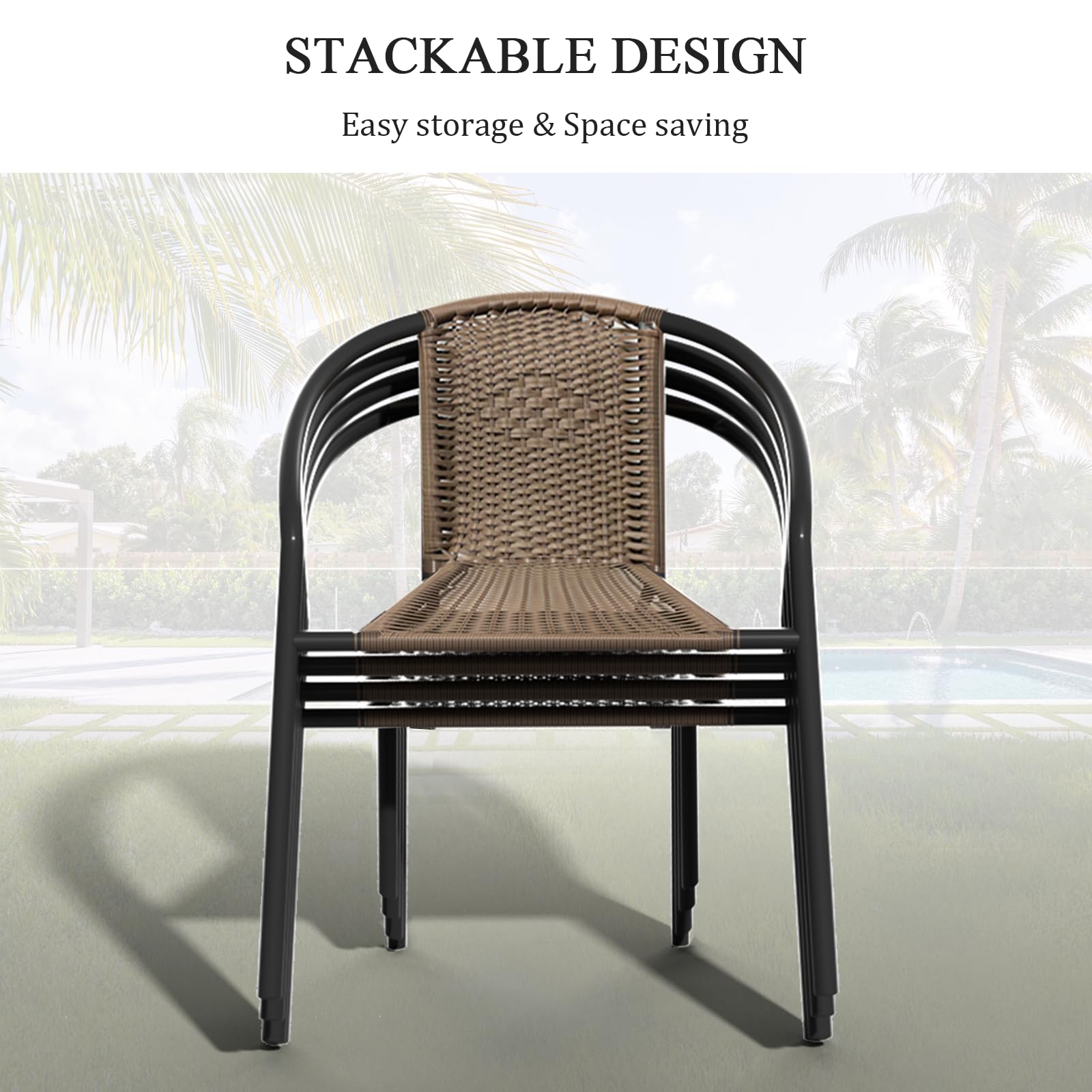 4 Pack Stackable Wicker Rattan Patio Chairs - Outdoor Dining Chairs Set with Metal Frame for Balcony, Deck, Bistro, Backyard & Porch | Perfect for Garden Parties, Poolside Lounging & Outdoor Entertaining (Brown)