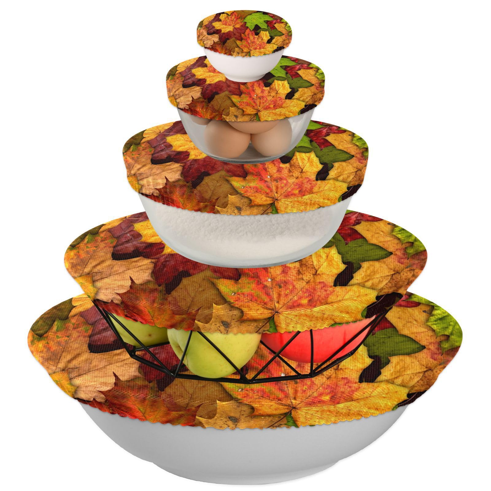 Kcldeci 5-Piece Reusable Stretch Fabric Bowl Covers Set - Elastic Food Storage Covers for Bread, Salads & Leftovers - Cotton Cloth Bowl Lids in 5 Sizes - Perfect for Fall Entertaining & Meal Prep