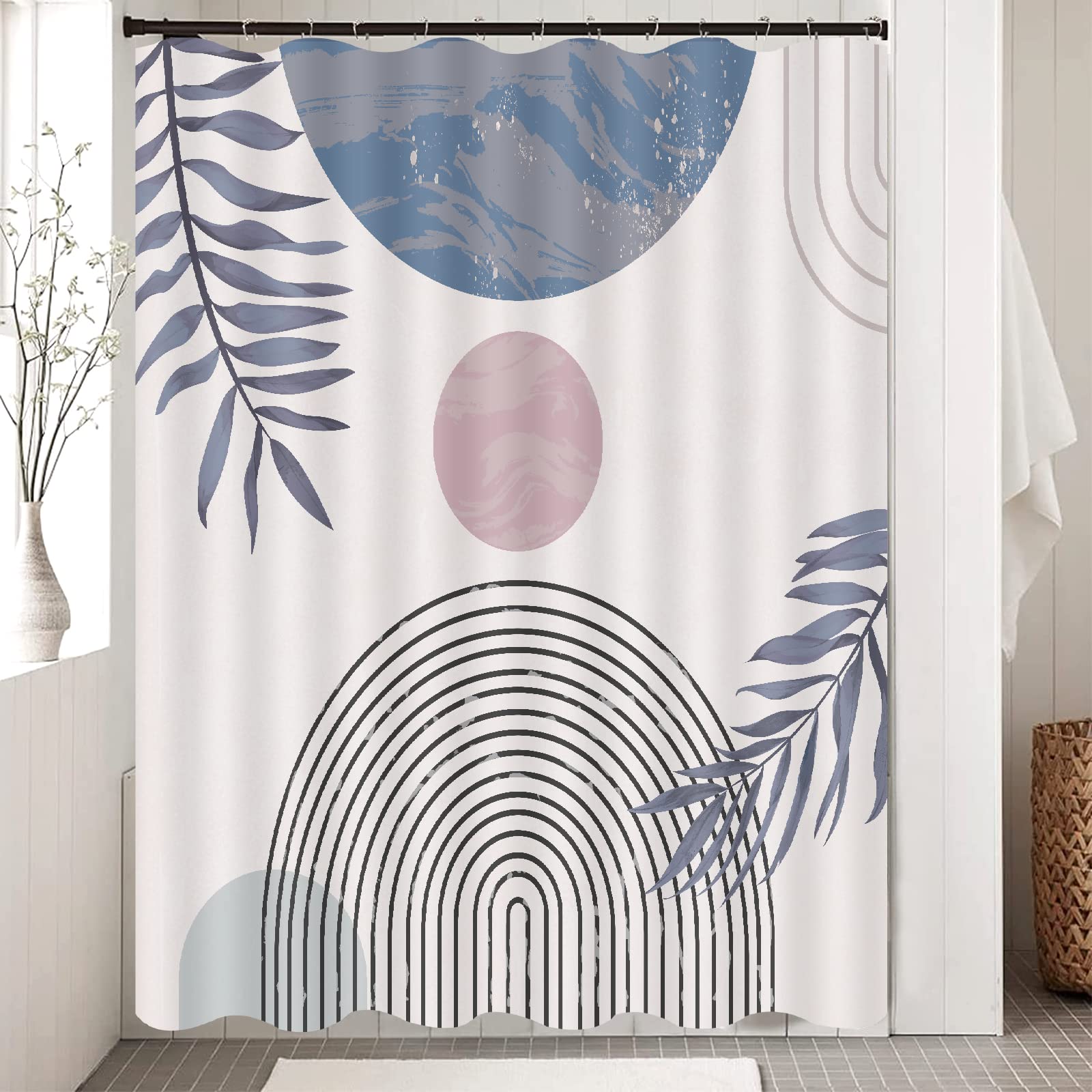 Blue Boho Shower Curtain Set - Mid Century Modern Bathroom Decor with Hooks, Waterproof Fabric - Perfect for Vintage Style Bathrooms & Boho Chic Home Decor
