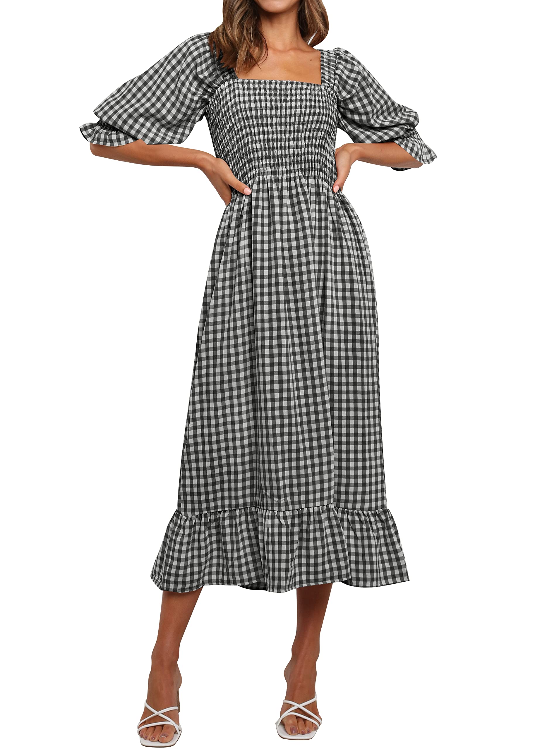 ZESICA Women's Summer Plaid Square Neck Puff Sleeve Backless Smocked Ruffle Midi Dress - Casual Flowy Swing Dress for Beach Vacation, Date Night & Outdoor Parties