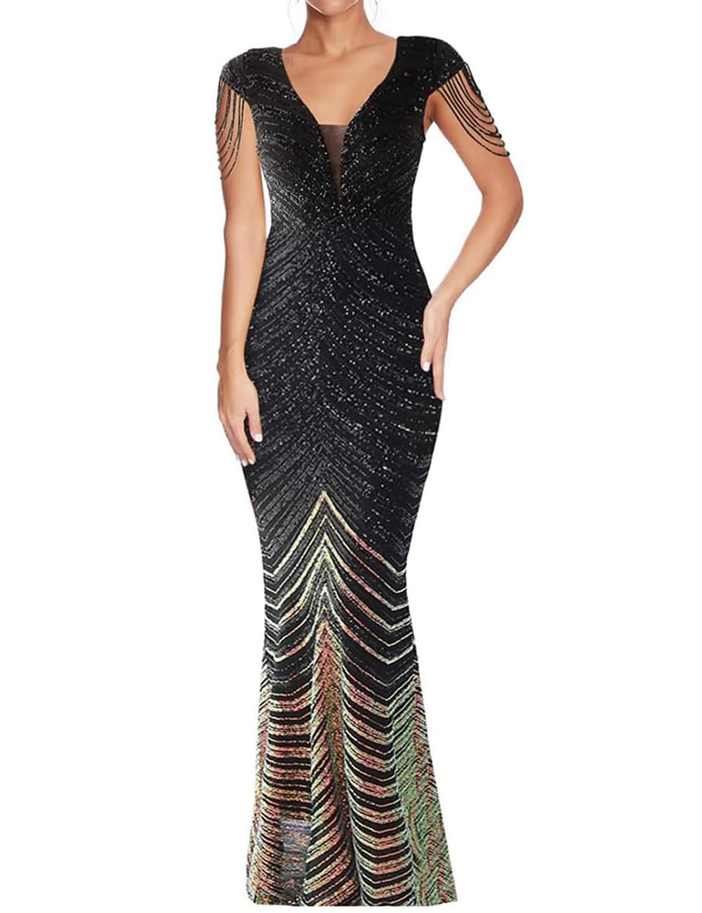1920s Plus Size Women's Formal Dress with Tassels & Sequins - Gatsby Style Maxi Evening Gown for Vintage Parties, Weddings & Special Occasions