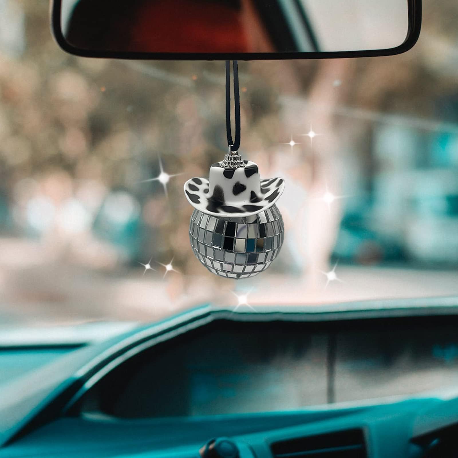 Black Cow Print Car Mirror Hanging Accessories - Disco Ball & Cowboy Hat Rear View Mirror Decor - Fun Car Charm for Parties, Road Trips & Gifts (2 Pack) | Perfect for Birthday Celebrations, Car Shows & Themed Events
