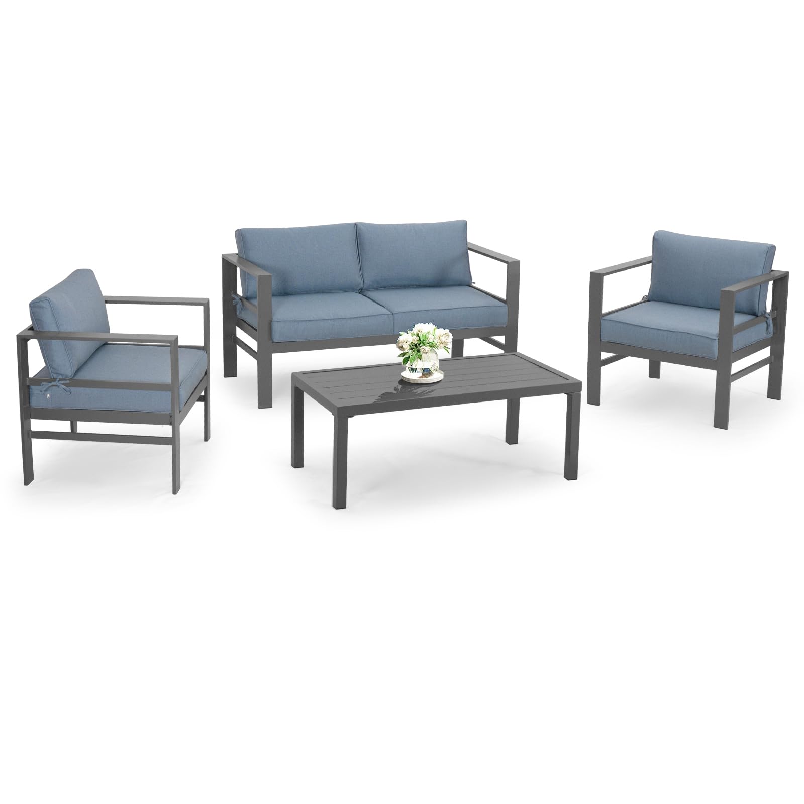 4-Piece Cast Aluminum Outdoor Patio Furniture Set - Modern Grey Metal Frame Sectional Sofa with Blue Cushions & Coffee Table - Perfect for Garden, Backyard, Poolside & Terrace Relaxation