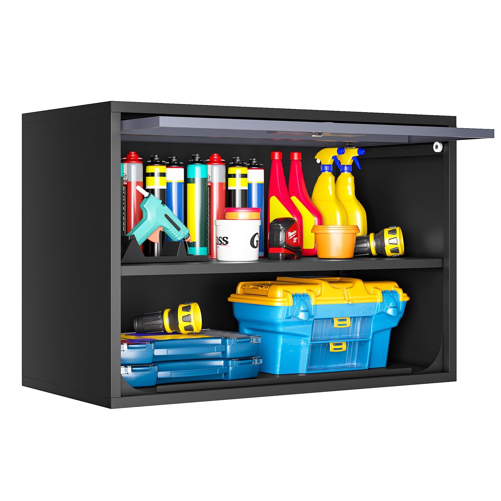 LISSIMO Wall Mounted Storage Cabinet with Adjustable Shelves - Metal Wall Hanging Garage Cabinet with Up-Flip Doors & Lock - Steel Utility Cabinet for Home, Office, School - Perfect for Garage Organization, Workshop Storage & Classroom Supplies