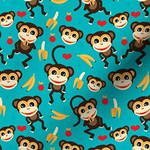 Monkey Banana Retro Illustration Printed Velvet Fabric by The Yard - Cute Nursery, Zoo & Jungle Themed Upholstery & Apparel Material for Boys & Girls - Perfect for Home Decor, Curtains, Pillows & DIY Crafts