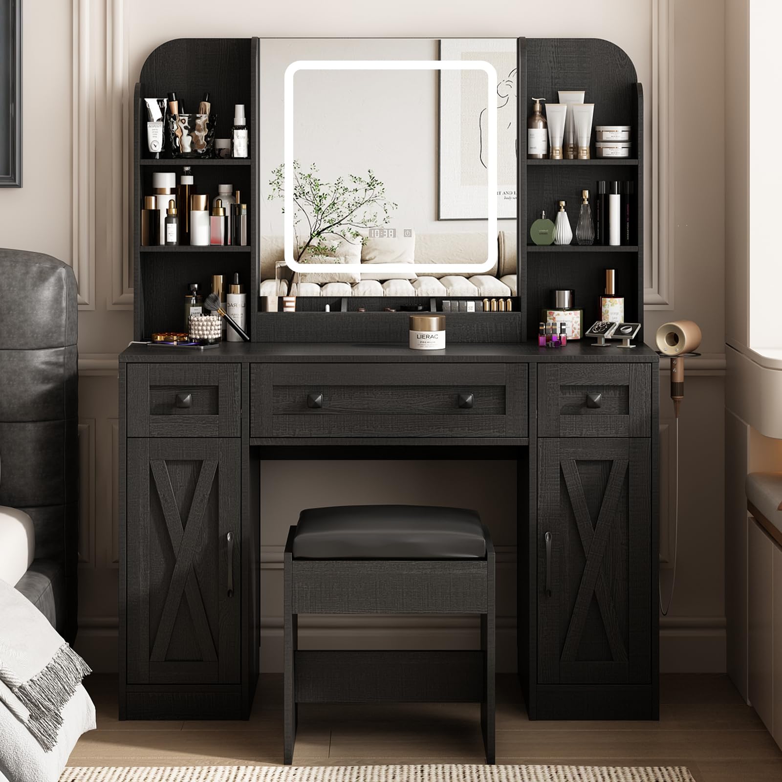 Black Vanity Desk with LED Lights & Stool - Makeup Dressing Table with Large Storage Drawers, Shelves & Time/Temp Display - 3 Adjustable Lighting Modes for Bedroom, Bathroom & Dorm Room Makeup Station