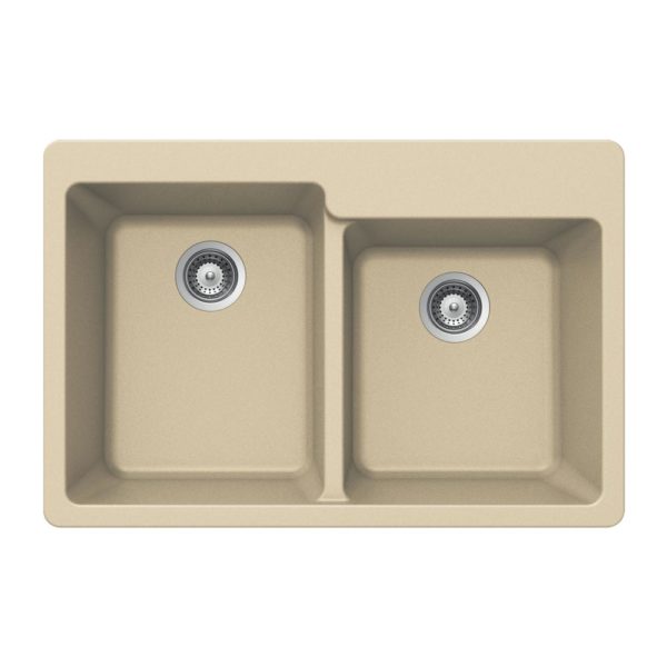Hamat SIO 3322DTR SD Granite Composite 60/40 Double Bowl Kitchen Sink with Strainer - Sand Color for Modern Farmhouse & Contemporary Kitchens