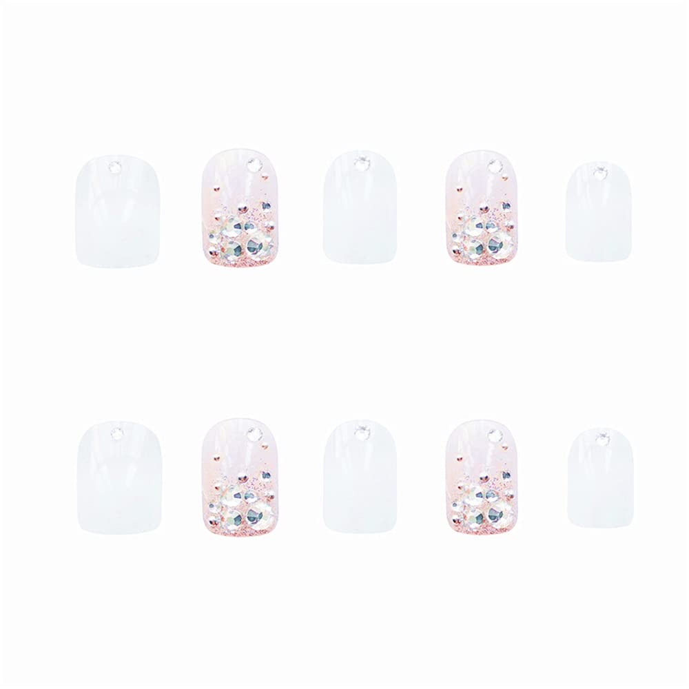 Aimimier 24Pcs Short Square False Nails with Rhinestone White Ombre - Press on Nails with Glue & Stickers - Salon Quality Acrylic Fake Nails for Women & Girls - Perfect for Parties, Weddings & Special Occasions