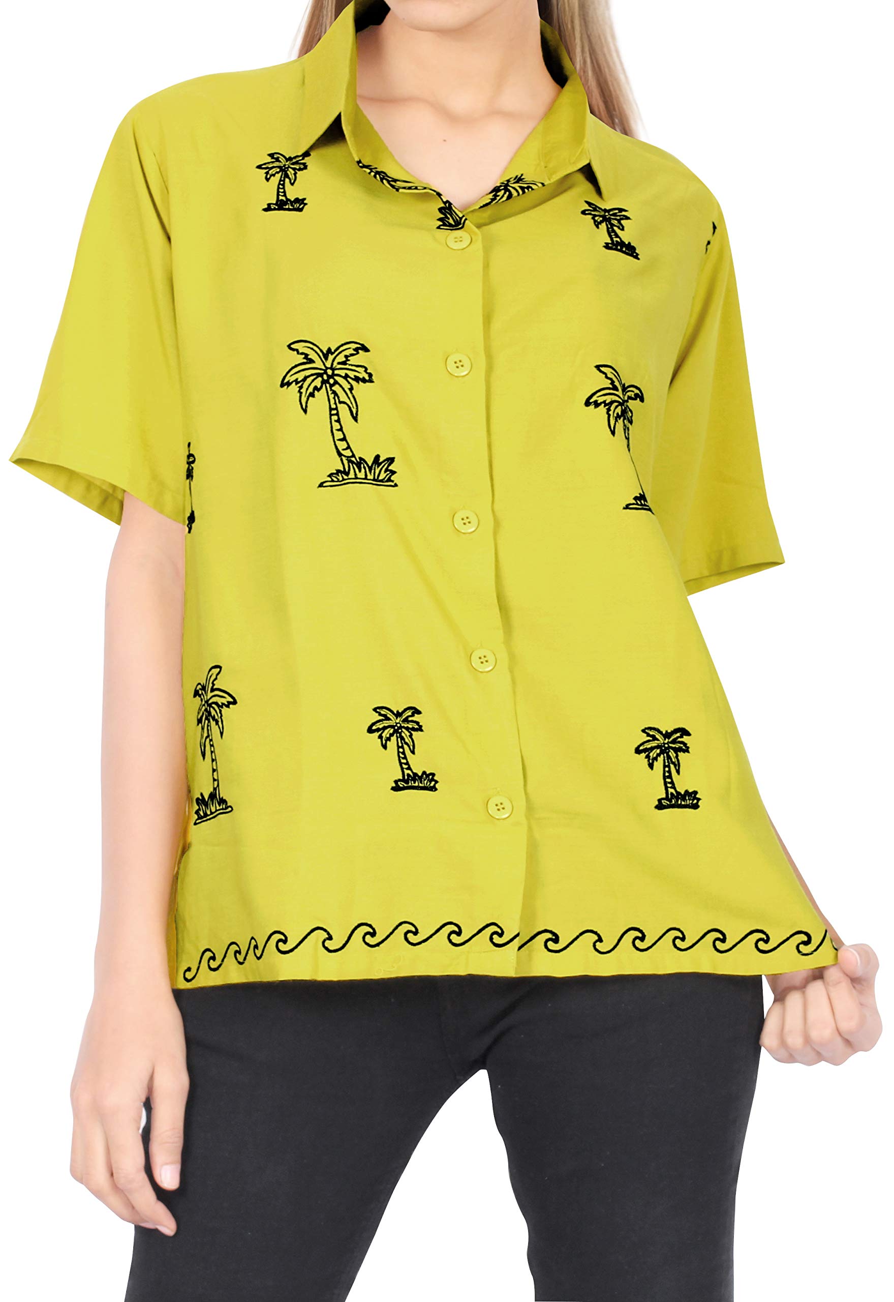 LA LEELA Women's Short Sleeve Hawaiian Blouse - Floral Print Vacation Shirt for Beach, Summer & Casual Outfits