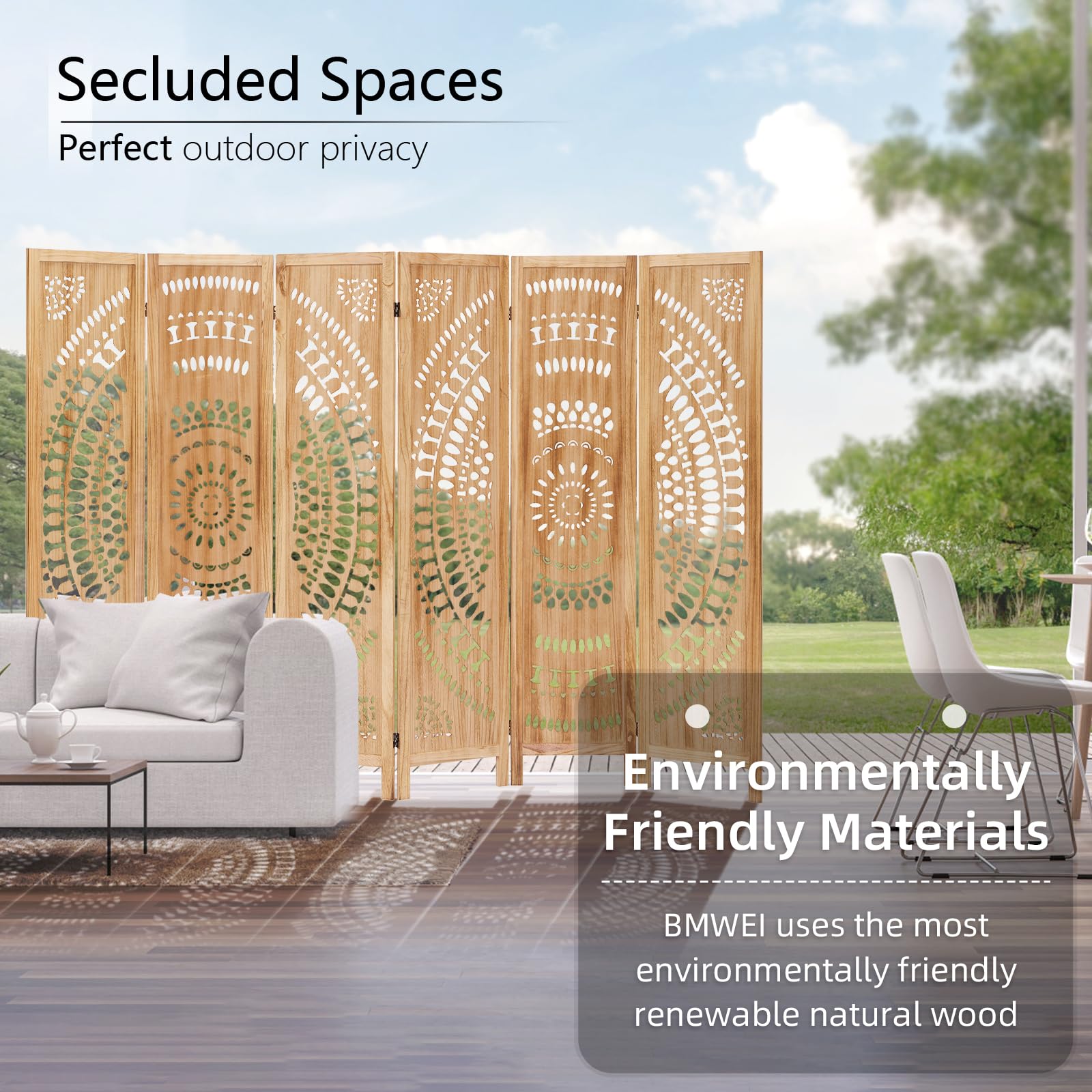 5.6 FT Wooden Room Divider Screen - 6 Panel Folding Partition Wall with Carved Design for Home, Bedroom & Office | Portable Space Separator for Privacy, Decoration & Room Organization (Natural Finish)