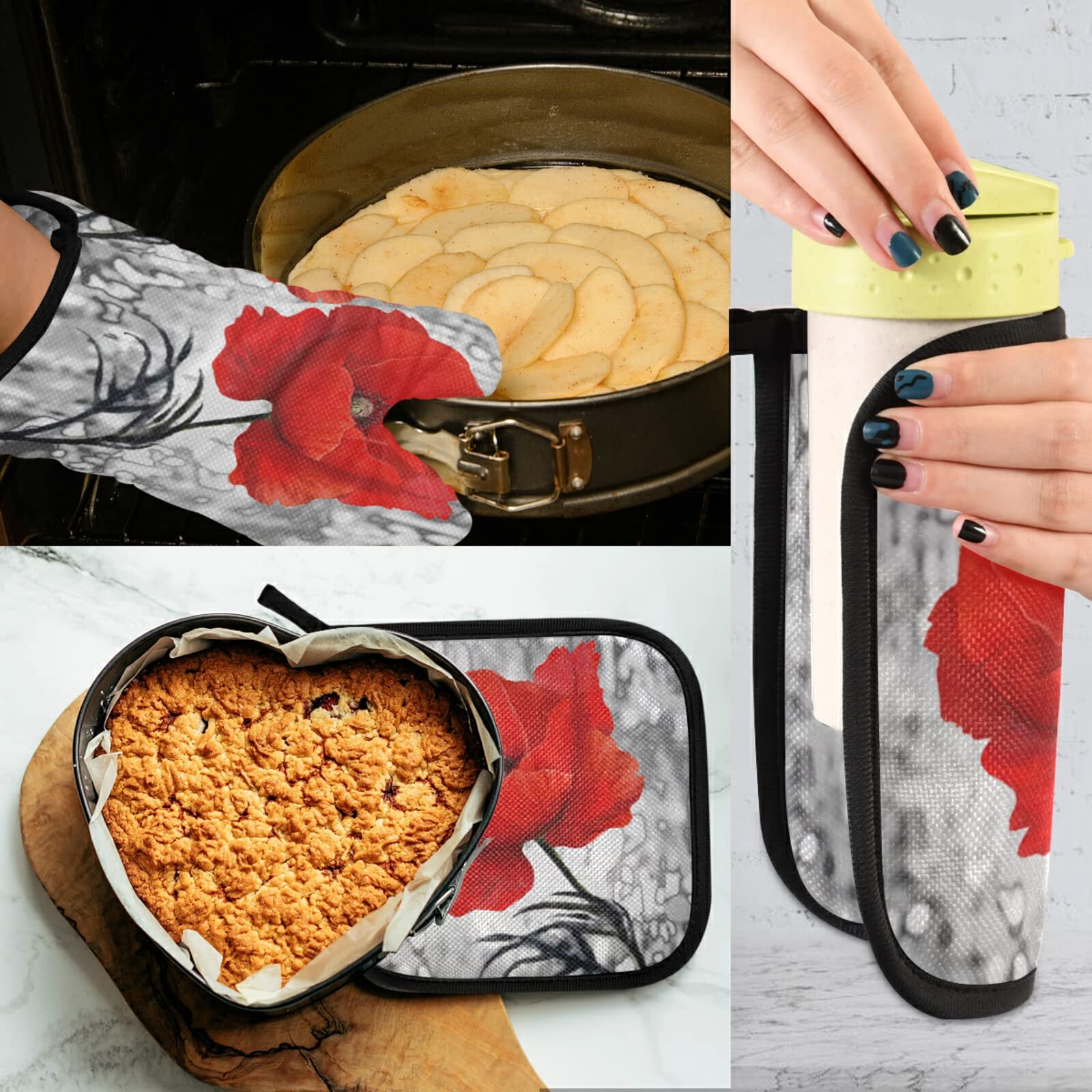 QUGRL Vintage Grey Oil Paintings Red Poppies Oven Mitts & Pot Holders Set - Heat Resistant Kitchen Gloves for Cooking, Baking, BBQ - Perfect for Handling Hot Pans, Bakeware & Cookware