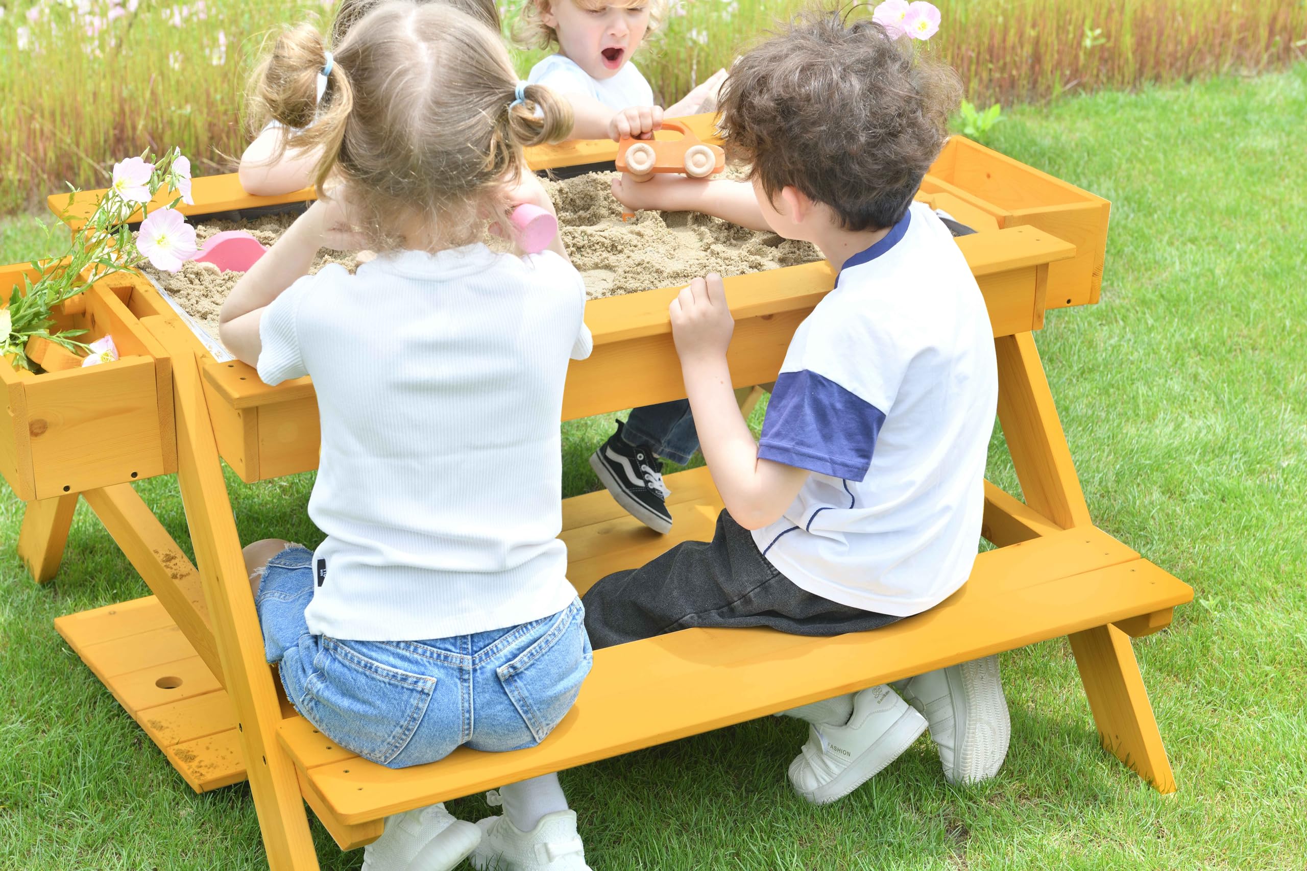 Avenlur Kids Wooden Sand and Water Table - Durable Pine Wood Sensory Play Table with Storage Shelf - Portable Outdoor Activity Center for Creative & Imaginative Play - Perfect for Backyard, Beach, and Playroom Fun
