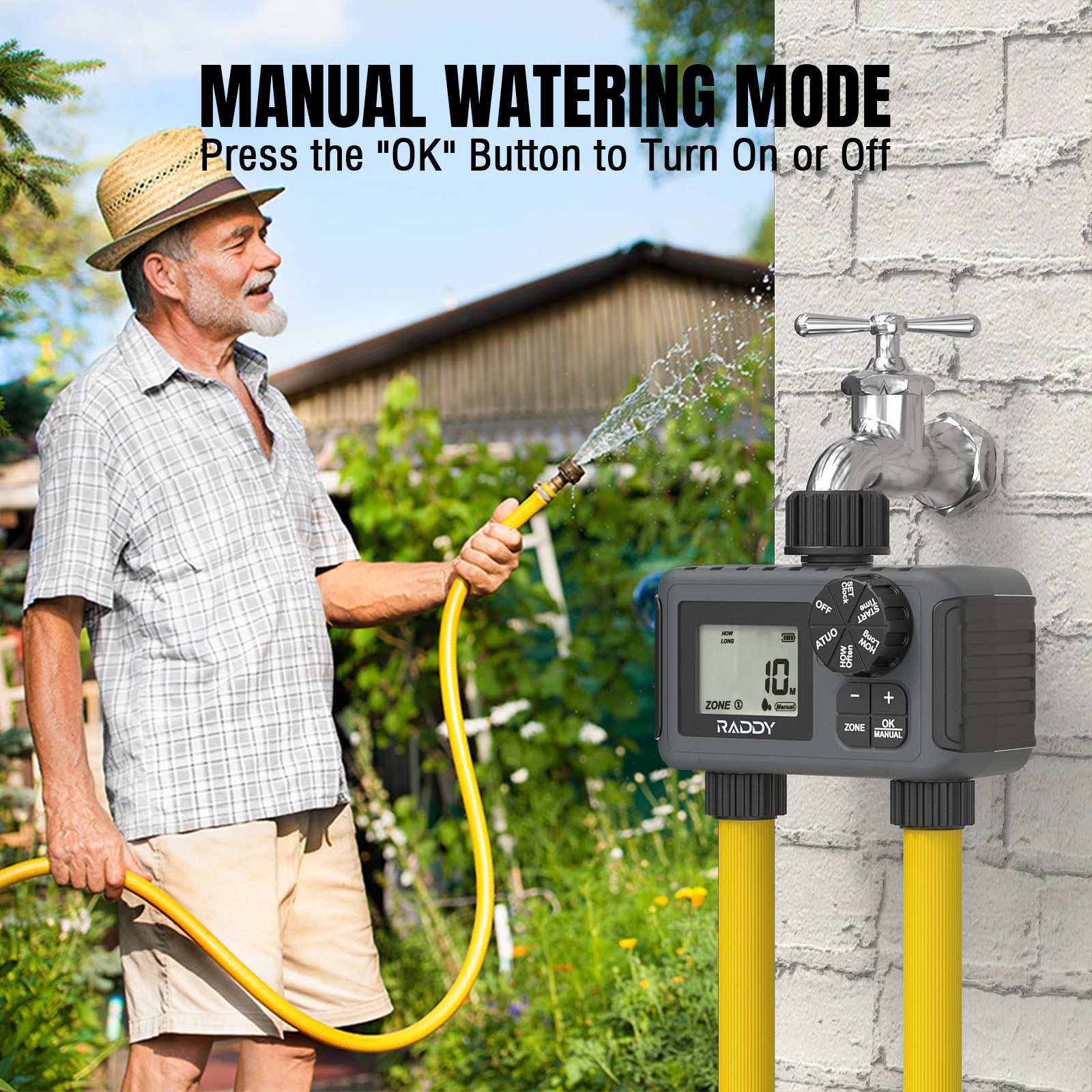 Raddy WS 5 Outdoor Water Timer - 2 Outlet IP55 Waterproof Irrigation Timer with Large LCD Screen, Low Battery Alert, Rain Delay & Manual Mode for Garden, Lawn, and Plant Watering System
