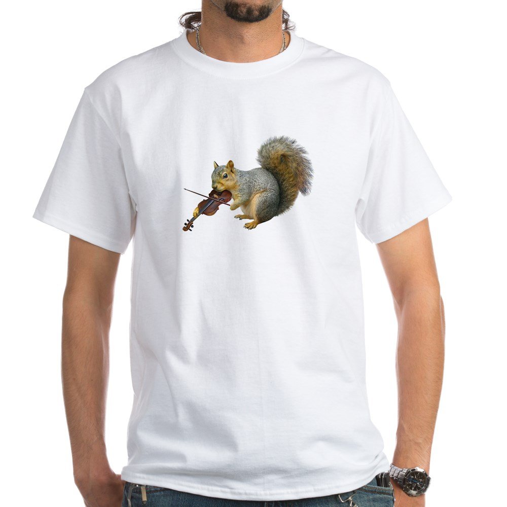 Squirrel Playing Violin Funny White Cotton T-Shirt for Men & Women | Casual Wear, Gifts, Music Lovers | CafePress
