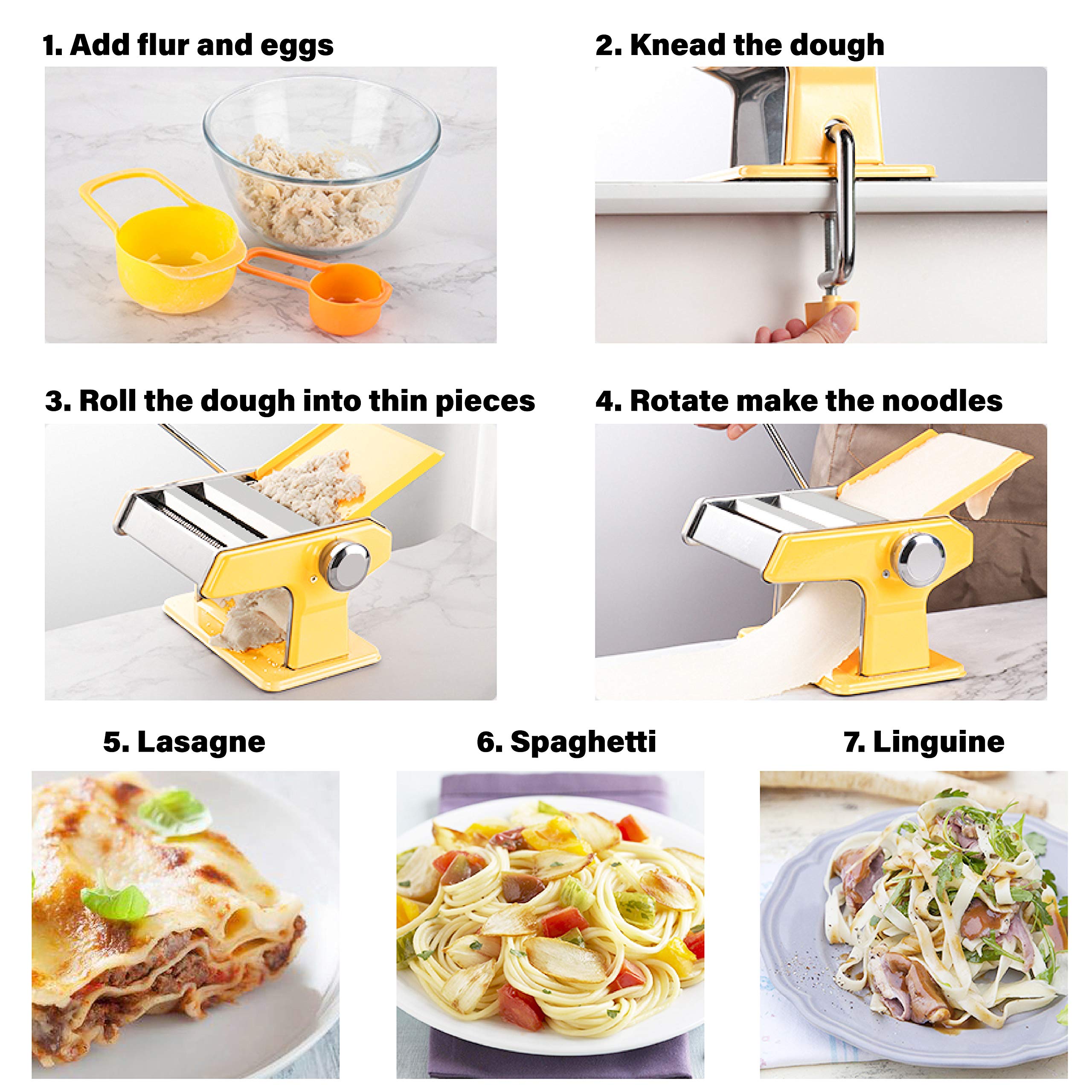 Elabo Stainless Steel Pasta Maker Machine - 7 Adjustable Thickness Settings with Hand Crank for Homemade Spaghetti, Fettuccine, Lasagna & Dumpling Skins | Perfect for Italian Cuisine, Family Cooking & Restaurant Use