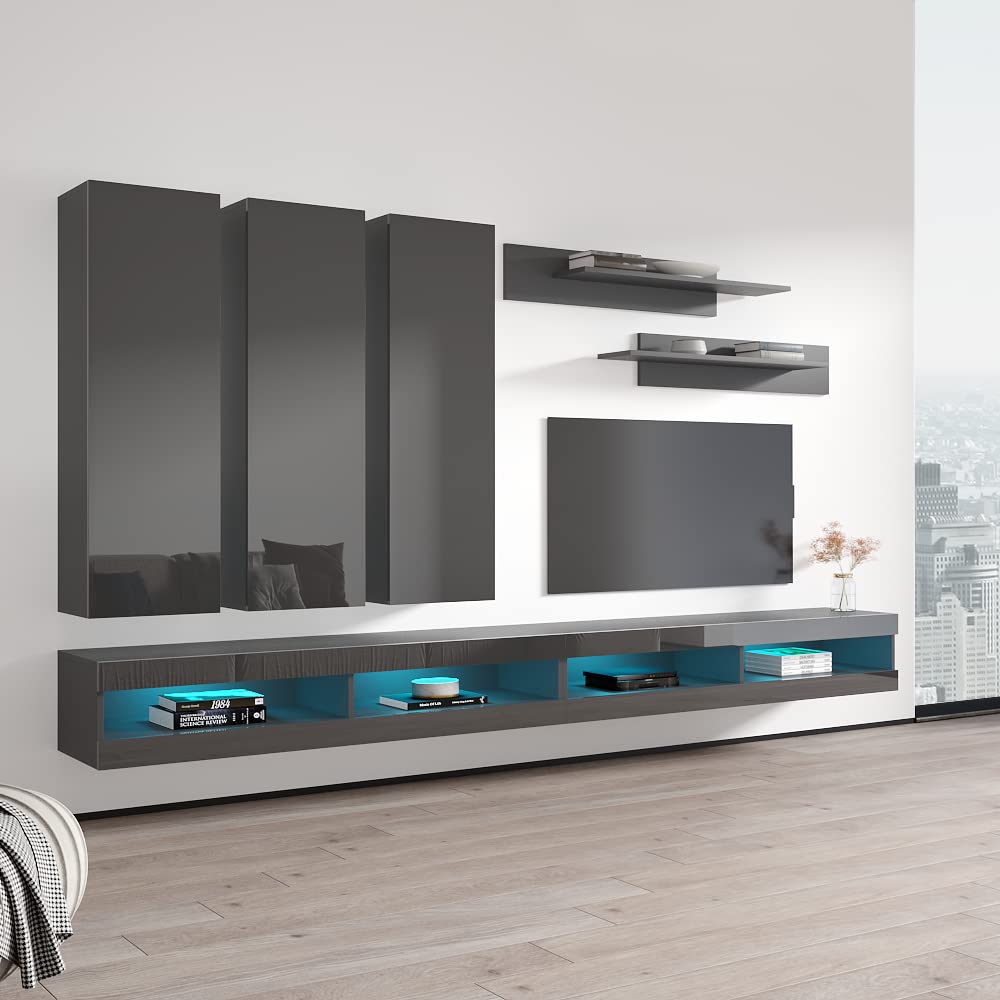 Modern Wall-Mounted TV Stand with Storage Shelves & LED Lights - Fly E 34 Entertainment Center Console for Living Room & Bedroom - Space-Saving Gray TV Cabinet (E1) - Perfect for Small Apartments, Home Theaters & Modern Interior Design