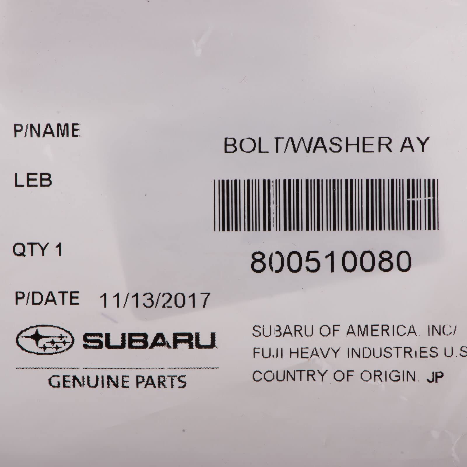 Genuine Subaru 800510080 Bolt/Washer Assembly - 1 Pack | OEM Replacement Part for Engine & Transmission Repair | Perfect for Subaru WRX, Forester, Outback Maintenance