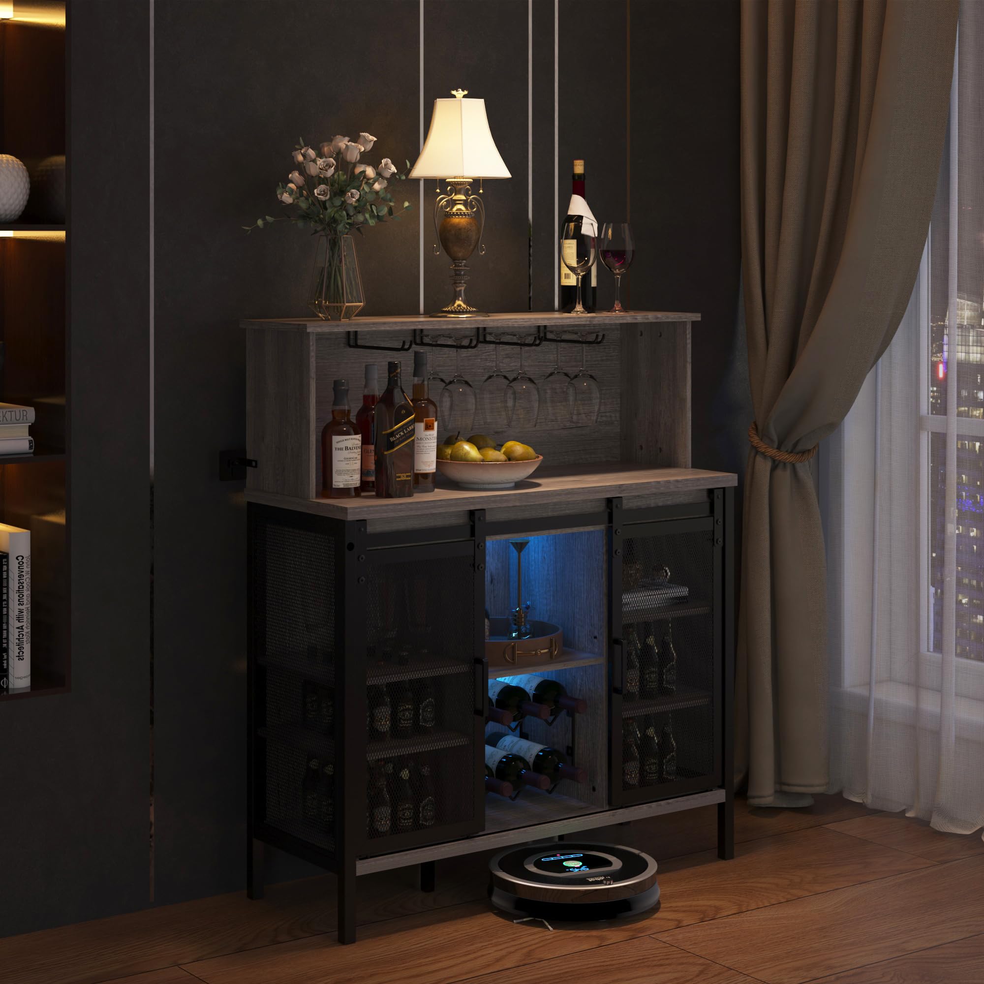 QNICE Farmhouse Coffee & Wine Bar Cabinet with Sliding Barn Door - Rustic Oak Buffet Storage with Wine Rack, Glass Holder & LED Lighting for Kitchen, Living Room, Dining Room - Perfect for Entertaining Guests & Home Decor
