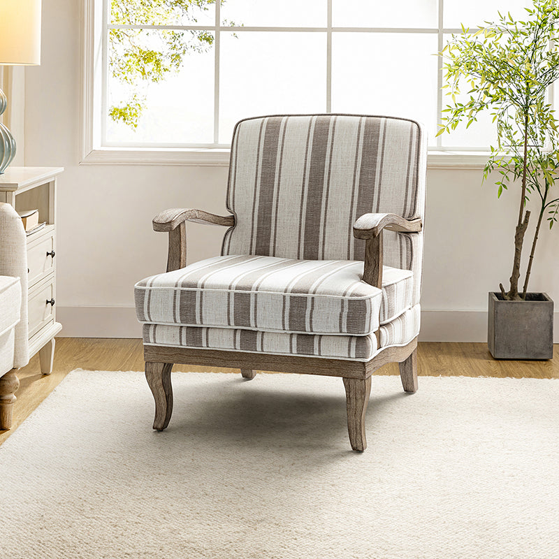 Randolph Romantic Upholstered Stripes Armchair with Solid Wood Armrests - Comfortable Living Room Accent Chair for Home Decor & Relaxation