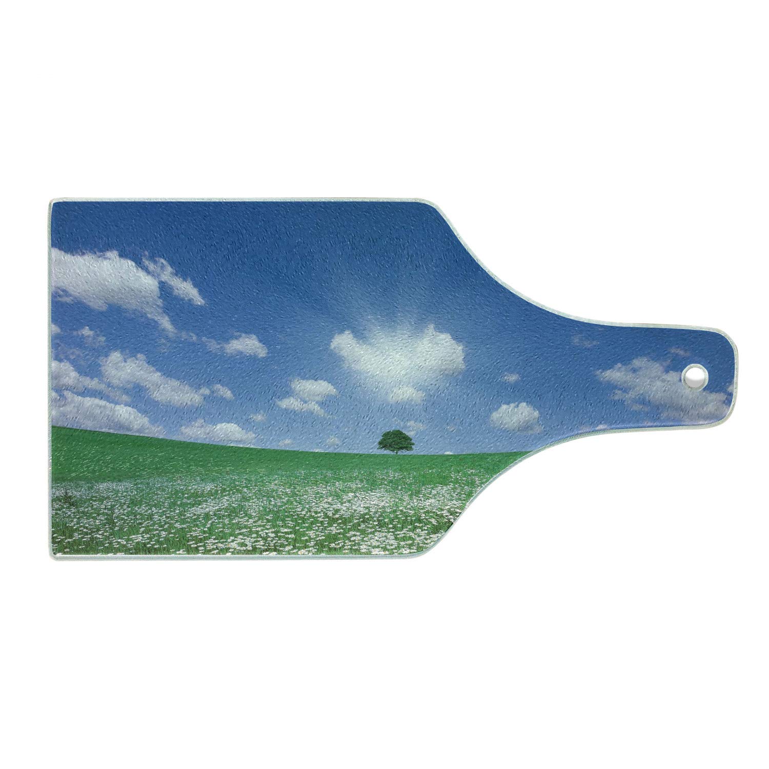 Ambesonne Blue Sky Tempered Glass Cutting Board - White Flower Field with Distant Tree, Grassland Nature Scene - Decorative Serving Board in Wine Bottle Shape, Forest Green & Sea Blue - Perfect for Kitchen Prep, Charcuterie, Cheese Platters & Wine Pairing