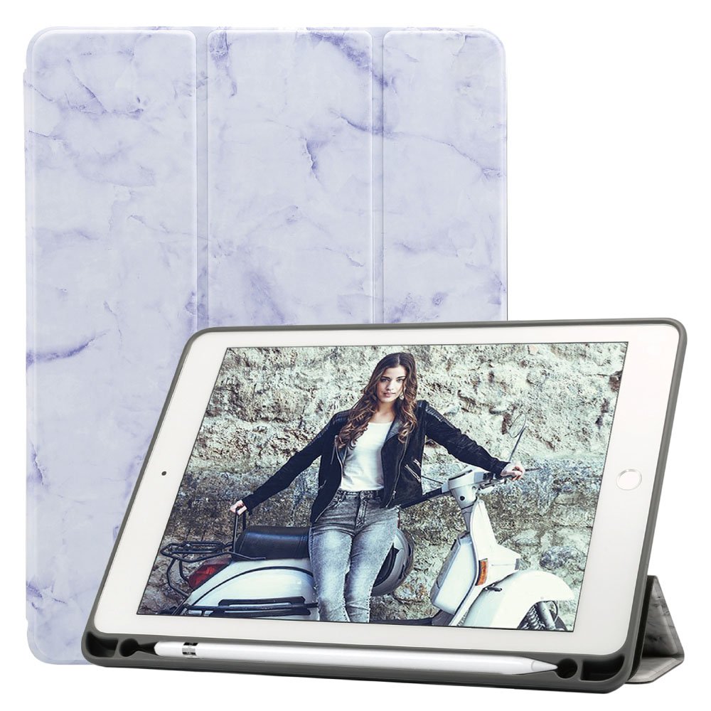 Ultra Lightweight iPad 9.7 Case with Apple Pencil Holder & Free Stylus Pen - Trifold Stand Wallet Cover with Auto Wake/Sleep for iPad 9.7 2018/2017/Air 2/Air/Pro 9.7 2016 - Marble Purple - Perfect for Work, School & Travel