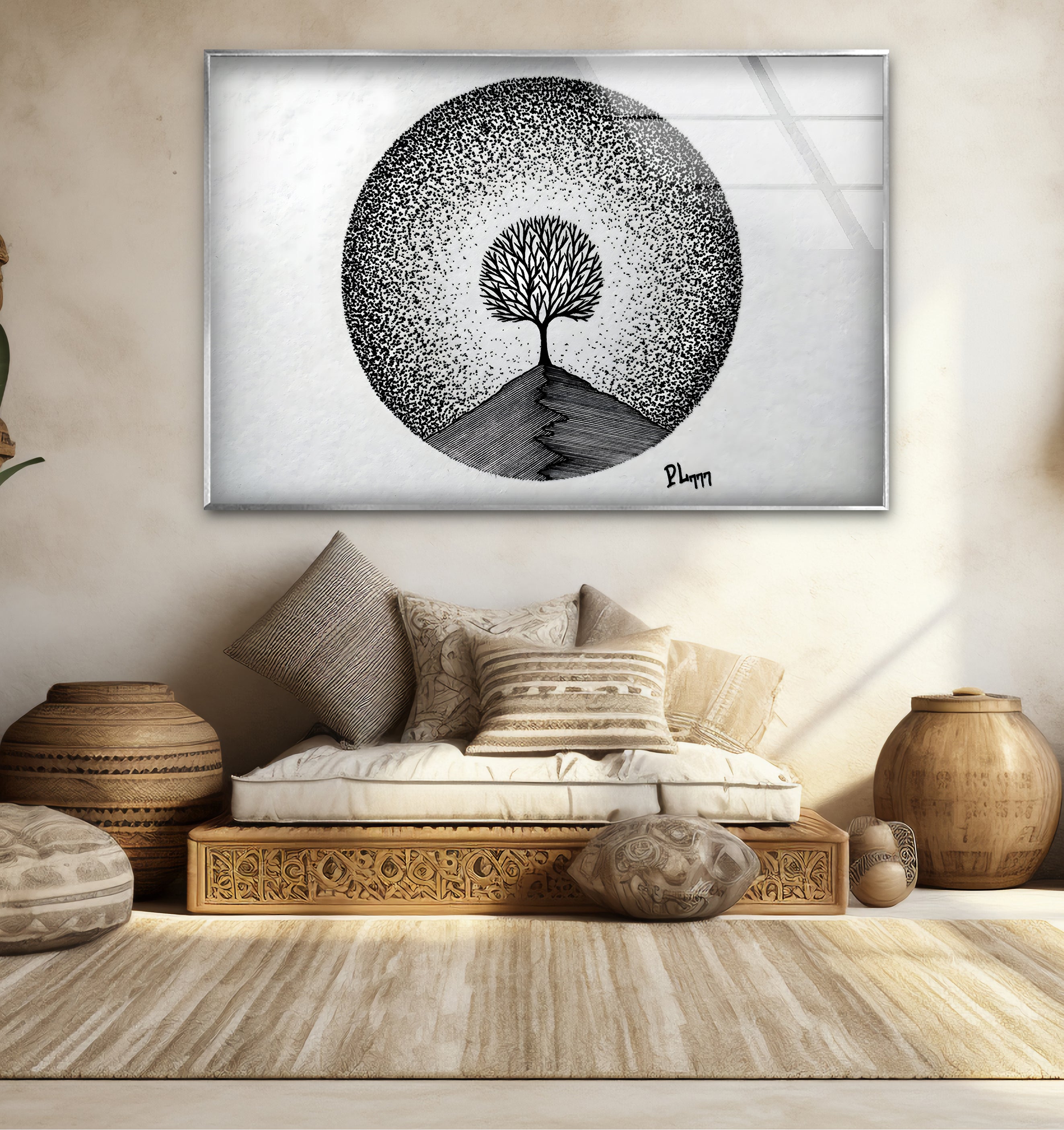 Modern Black and White Tree Drawing Glass Wall Art - Elegant Home Decor for Living Room, Bedroom, or Office