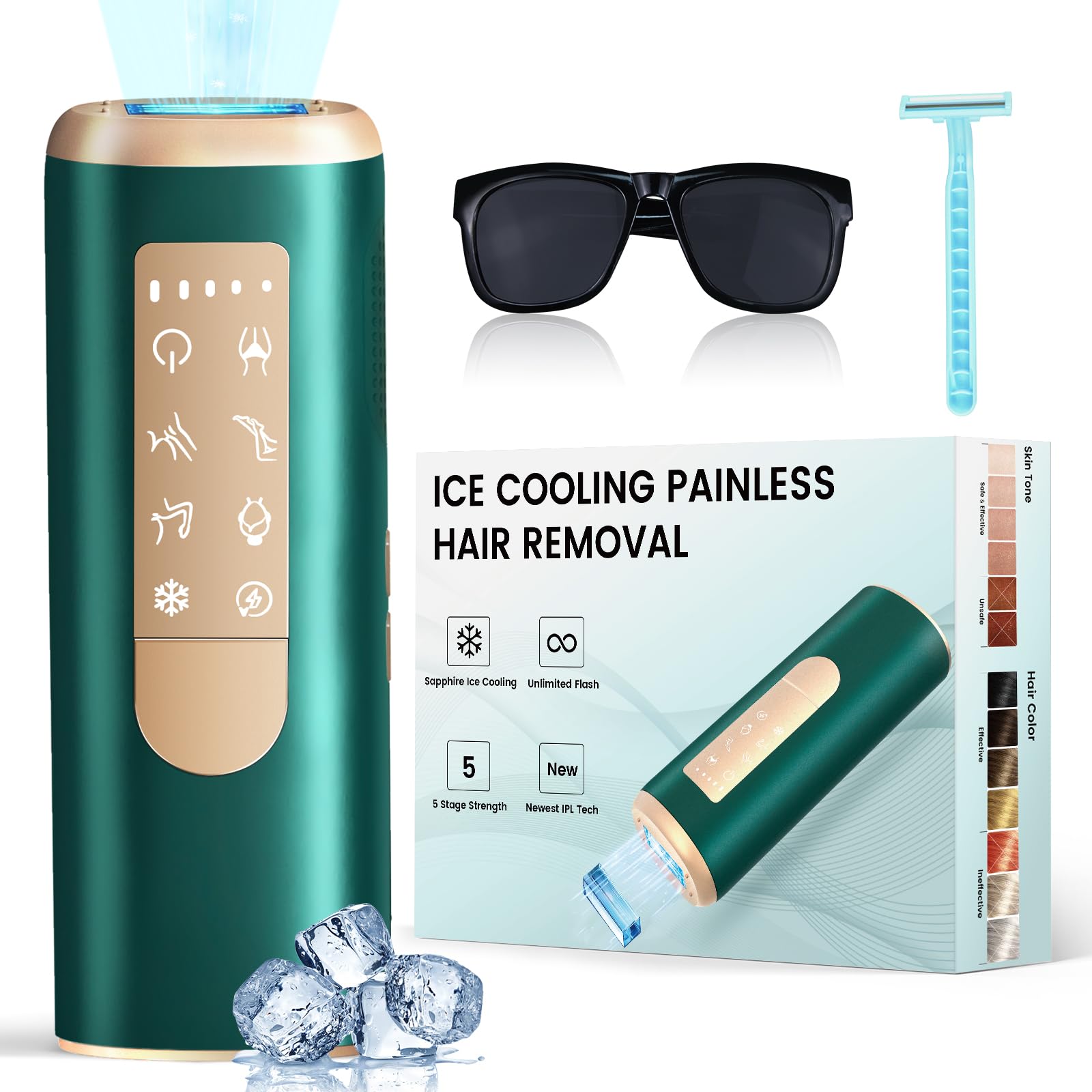 Painless IPL Laser Hair Removal Device with Sapphire Ice Cooling 40℉ & 20J MAX - At-Home Hair Removal for Women & Men, Full Body & Facial Use - Safe & Effective Permanent Hair Reduction for Legs, Underarms, Bikini Line & Face