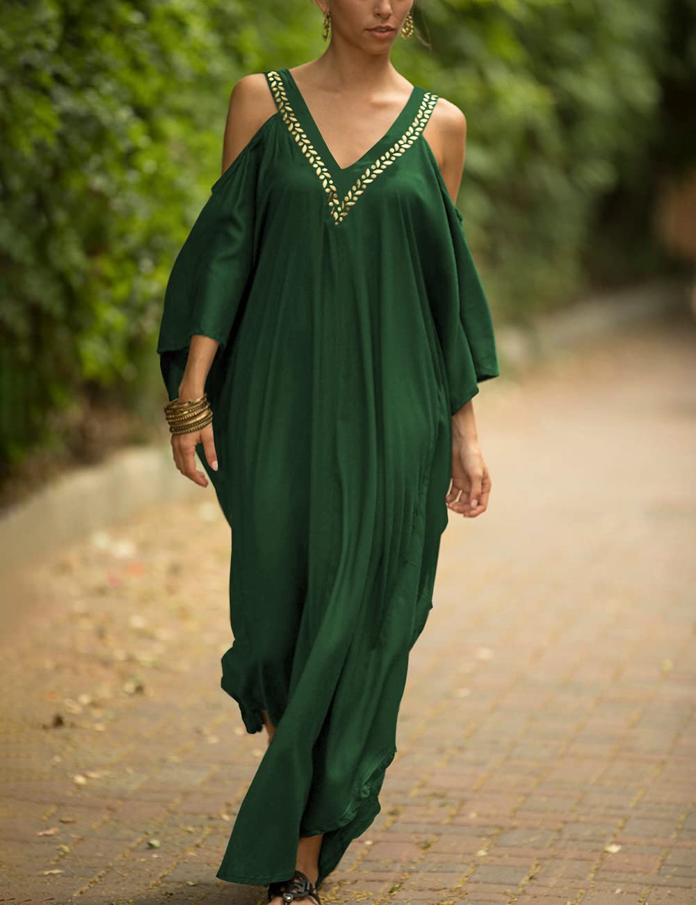 Bsubseach Turkish Cold Shoulder Kaftan Dress - Flowy Maxi Beach Cover Up for Women, Swimsuit Cover Up, Boho Summer Dress for Pool, Vacation & Resort Wear