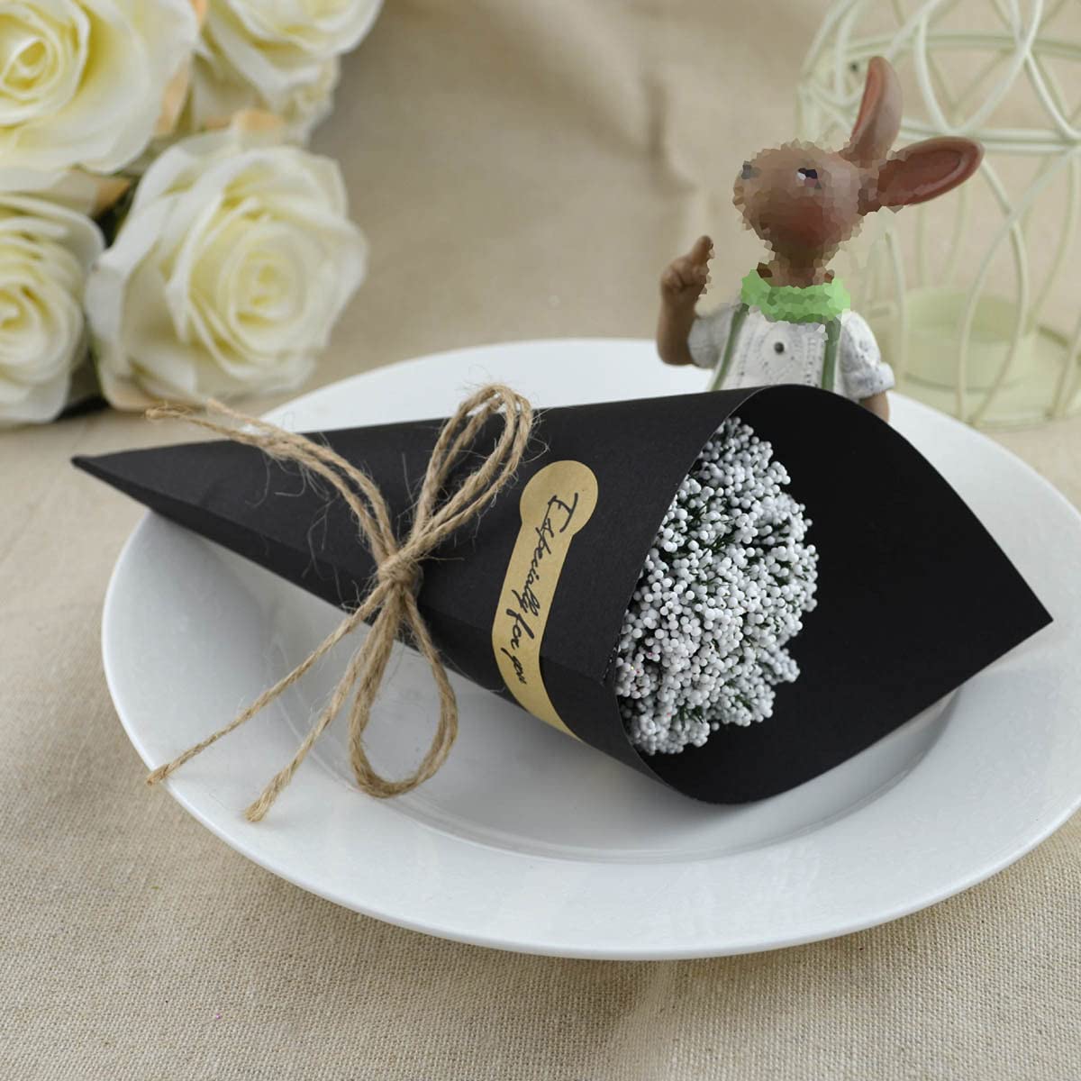 50Pcs Kraft Paper Cones for Wedding Bouquet Wrapping, Confetti & Candy Gifts - Eco-Friendly DIY Flower Holder with Hemp Rope - Perfect for Wedding Table Decor, Party Favors & Gift Packaging (Black) - Ideal for Bridal Showers, Baby Showers & Birthday Celebrations