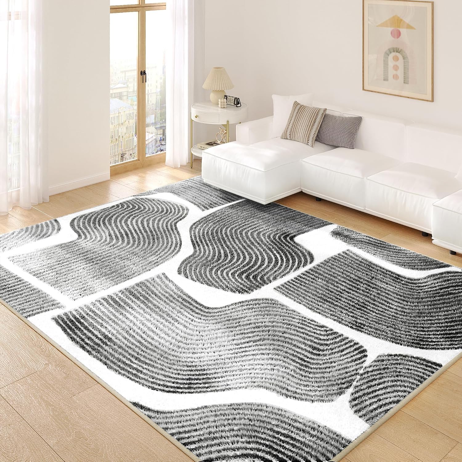 Ultra Soft Non-Slip 6x9 Area Rug - Stain Resistant Washable Living Room & Bedroom Rug - Modern Abstract Design (Black, 6'x9') - Perfect for Home Decor, Family Room, Dorm & Office Spaces
