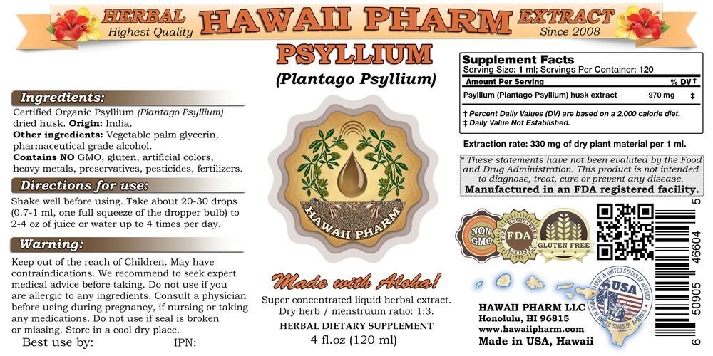 Organic Psyllium Husk Liquid Extract Tincture - 100% Pure Plantago Psyllium Herbal Supplement - Natural Digestive Support - Made in USA by Hawaii Pharm - 4 fl oz (Pack of 4) - Perfect for Gut Health, Constipation Relief & Detox Cleansing