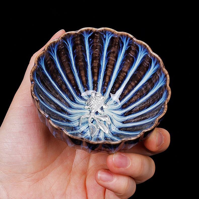 Handmade Jianzhan Blue Glaze Gongfu Tea Cup - Authentic Japanese Style Ceramic Teacup with Sterling Silver Rim - Perfect for Matcha, Green Tea, and Tea Ceremonies