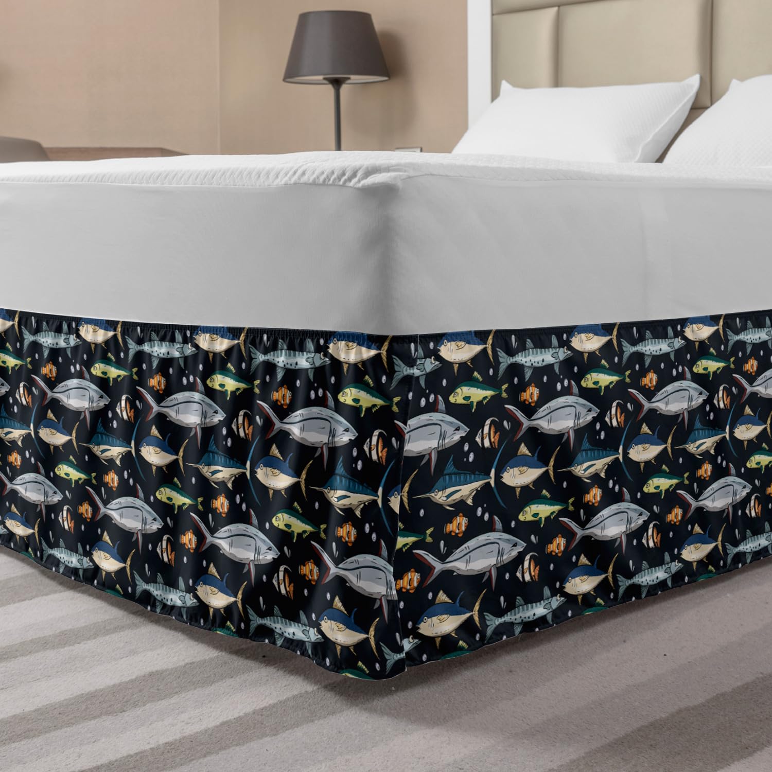 Ambesonne Nautical Elastic Bed Skirt - King Size Multicolor Ocean Fish & Bubbles Design Wrap Around Dust Ruffle - Perfect for Beach Themed Bedrooms, Guest Rooms & Coastal Home Decor