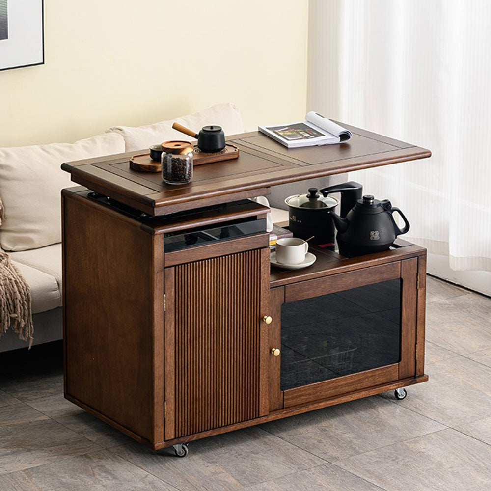 Rotating Walnut Wood Tea Table - Adjustable Height & 360° Swivel Base for Living Room, Office, or Outdoor Use